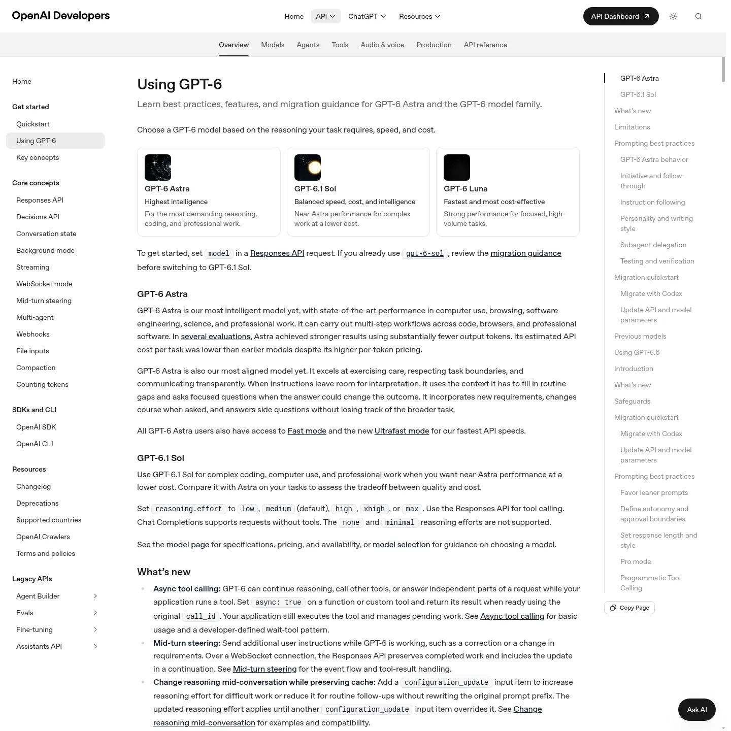 OpenAI's official model guide with API compatibility guidance.