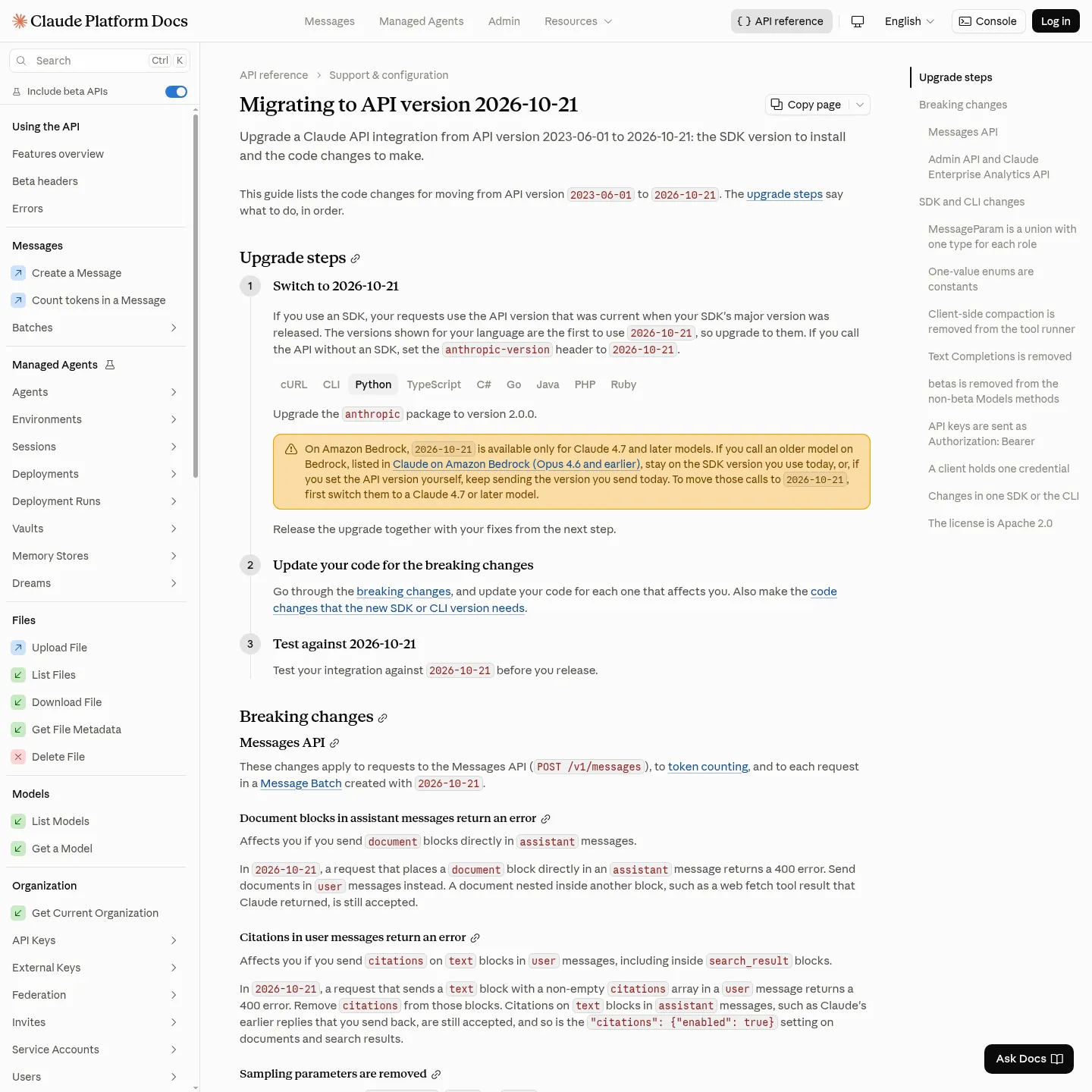 Anthropic's official API migration guide documenting removed sampling parameters.