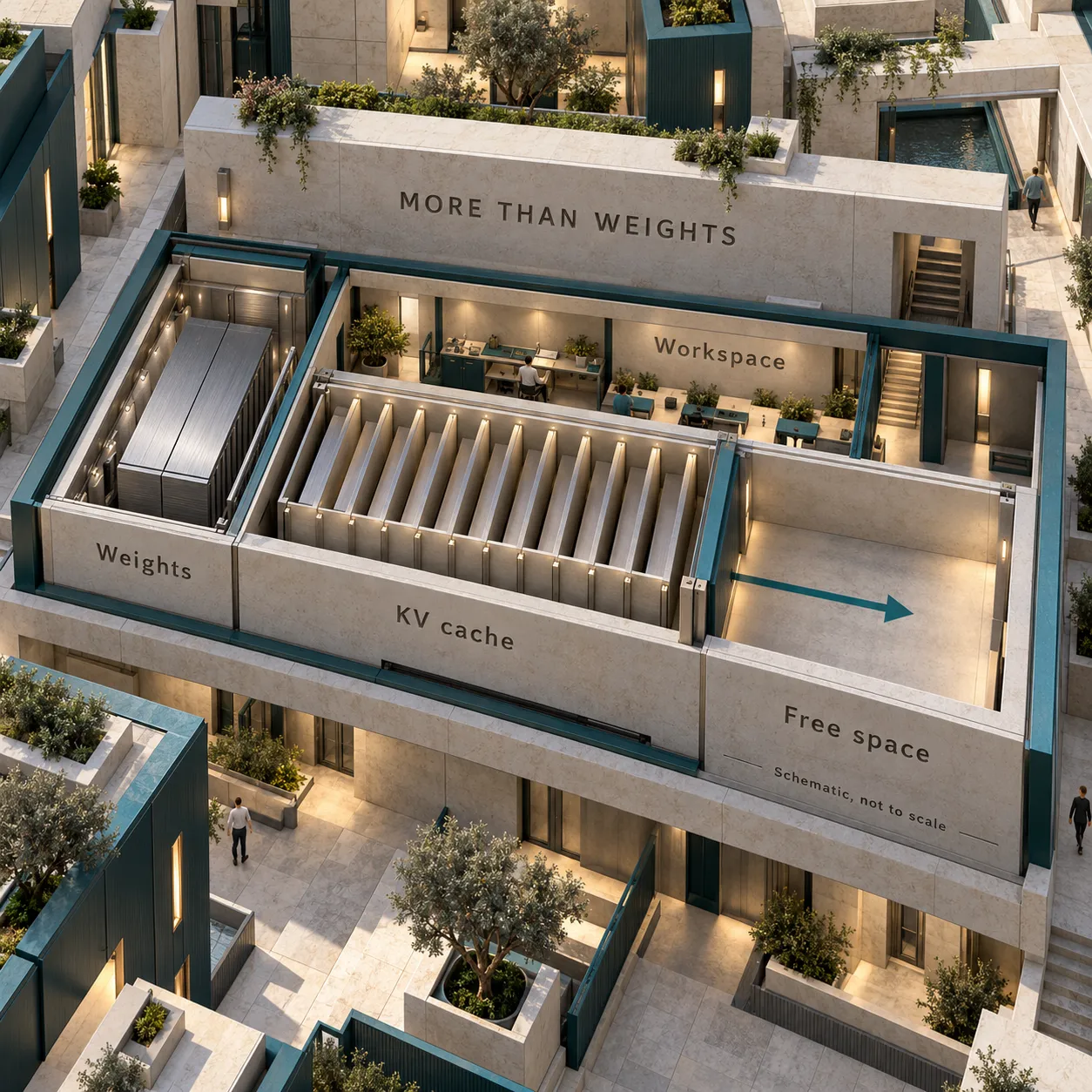 Architektonische Schnittdarstellung mit getrennten Bereichen für gespeicherte Gewichte, einen wachsenden KV-Cache, Arbeitspuffer und verbleibenden freien Platz.