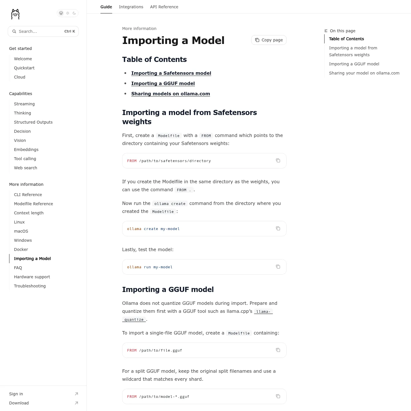 Offizielle Ollama-Anleitung zum Import eines vorbereiteten GGUF-Modells über eine Modelfile-Datei.