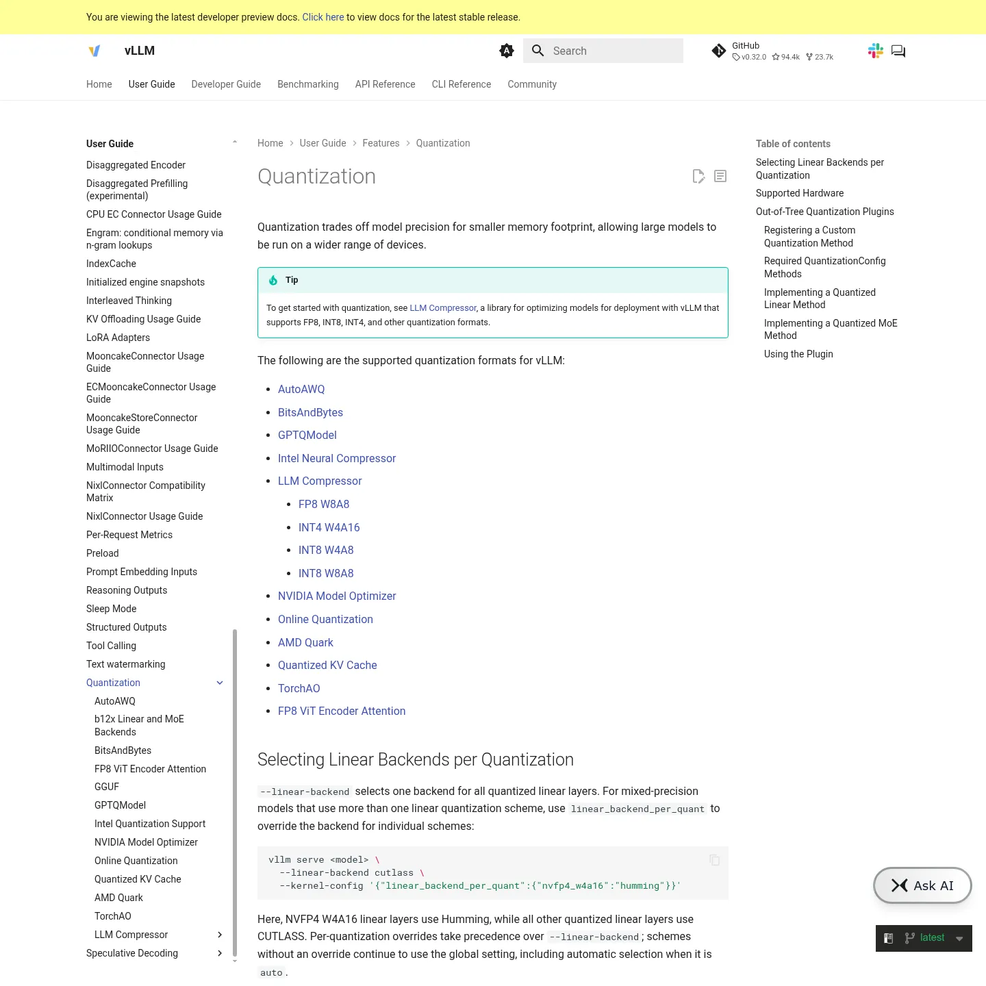 Offizielle Quantisierungsdokumentation von vLLM mit Matrix zur Hardwarekompatibilität.