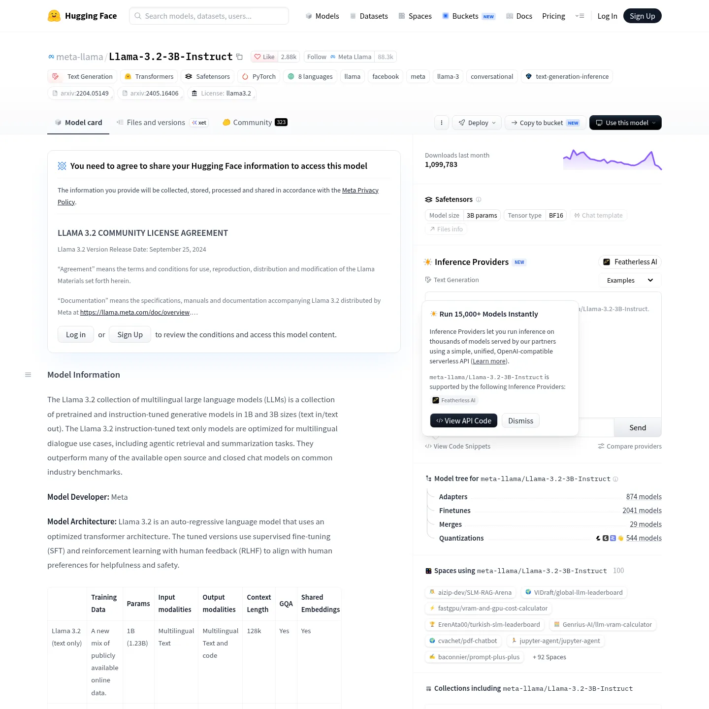 Meta's Llama 3.2 model card and licensing information.