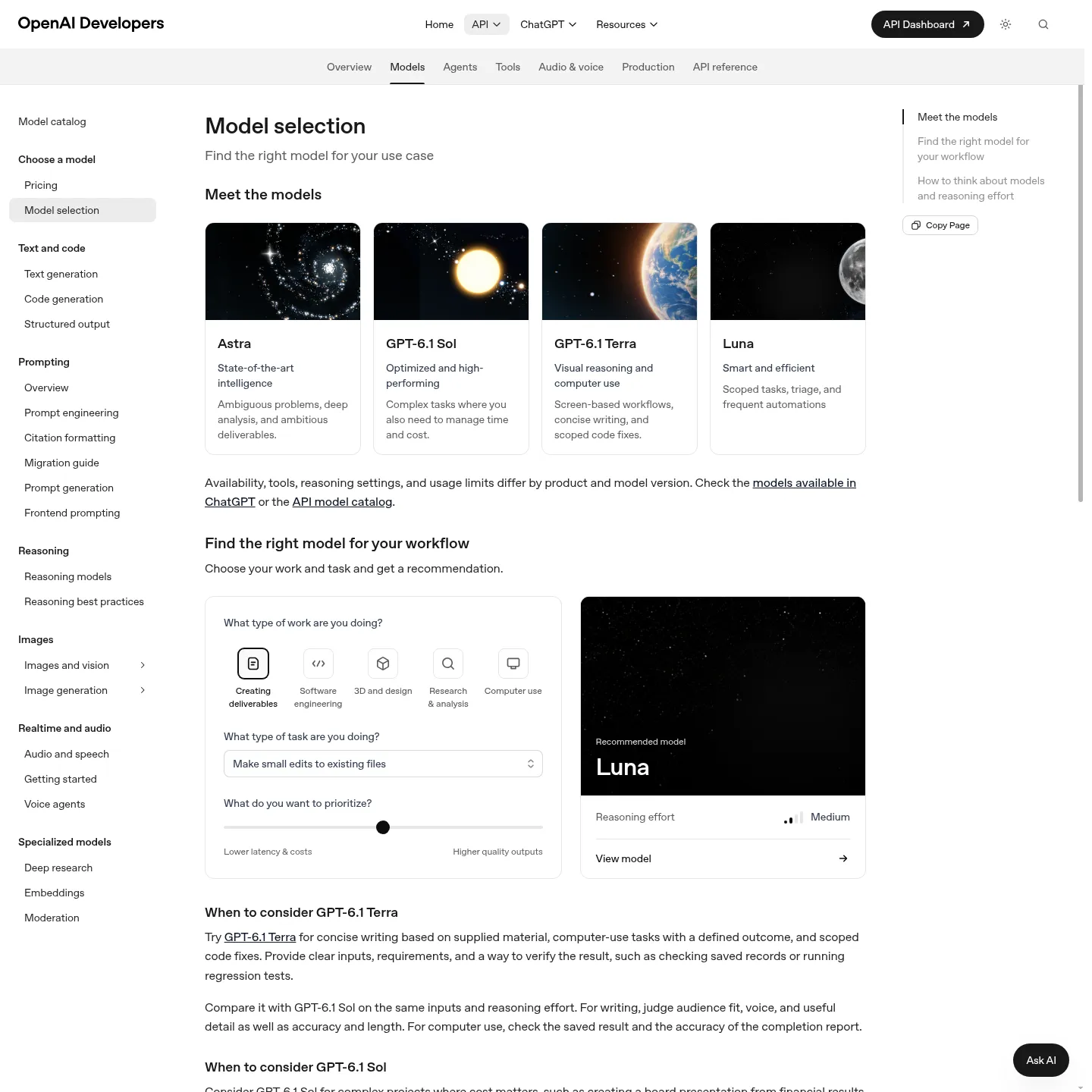 OpenAI's model-selection guidance comparing efficient and higher-capability model roles.