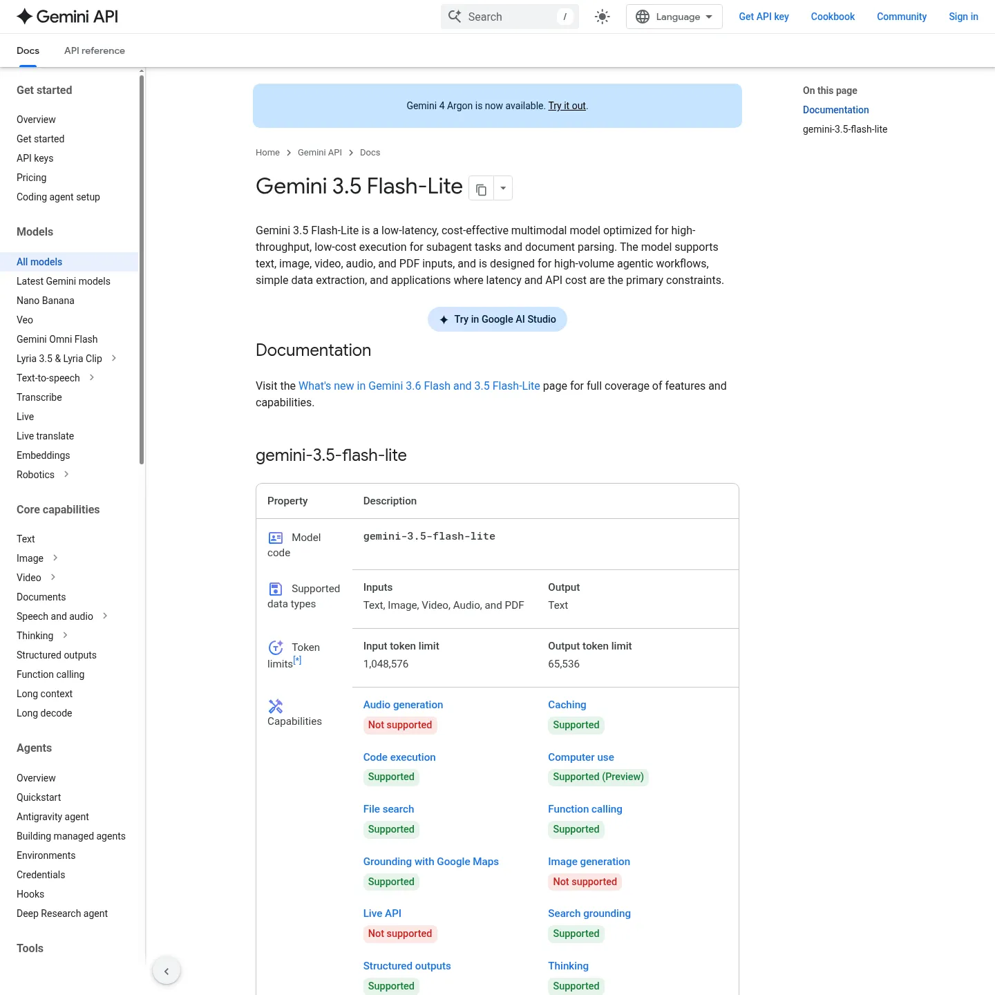 Google's Gemini 3.5 Flash-Lite documentation with supported inputs and capabilities.