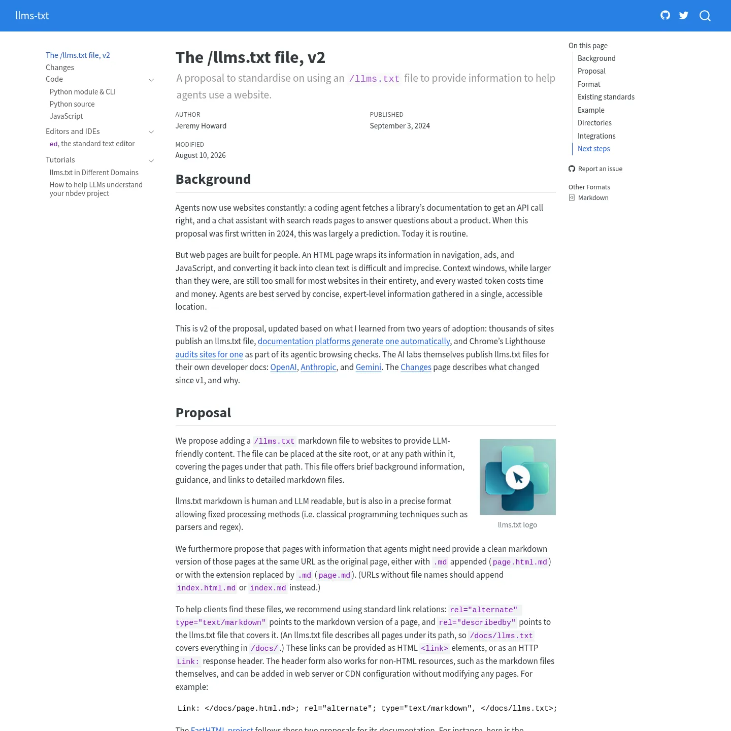 The llmstxt.org proposal and its Markdown format specification