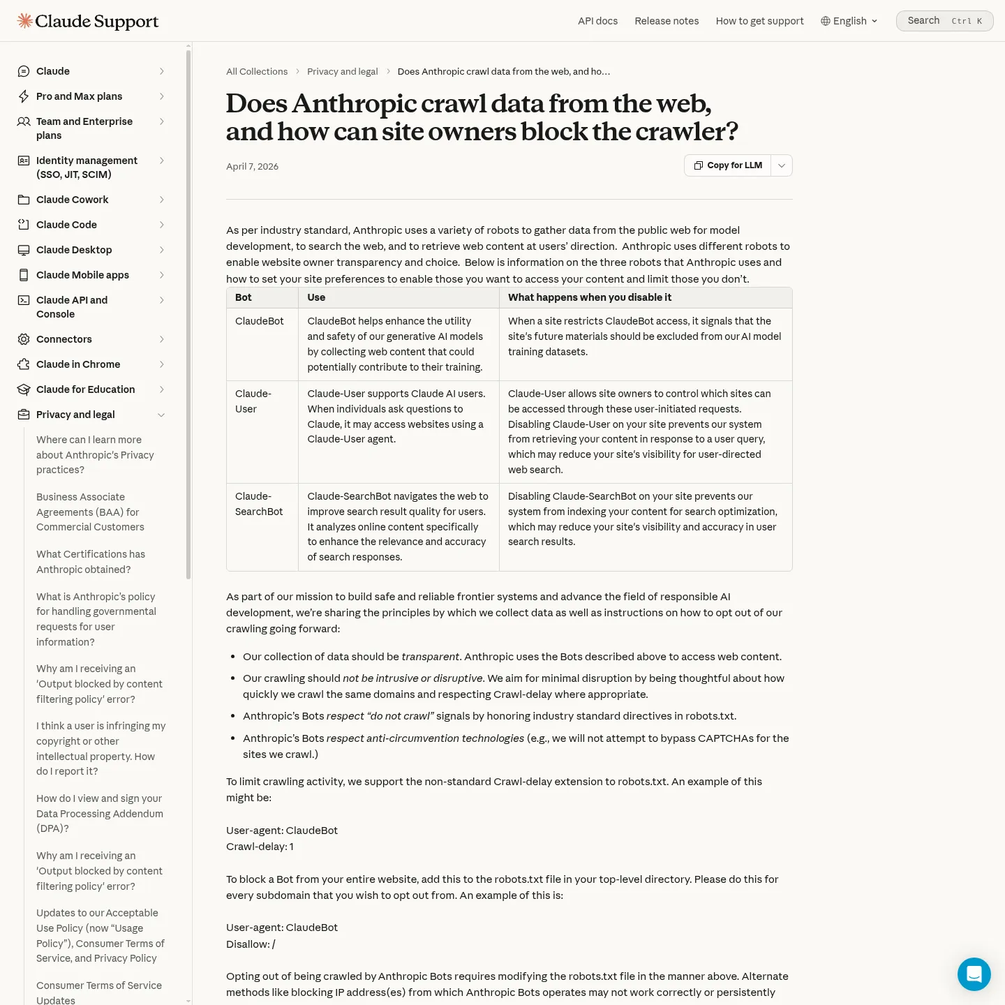 Anthropic's crawler help page listing ClaudeBot, Claude-SearchBot and Claude-User