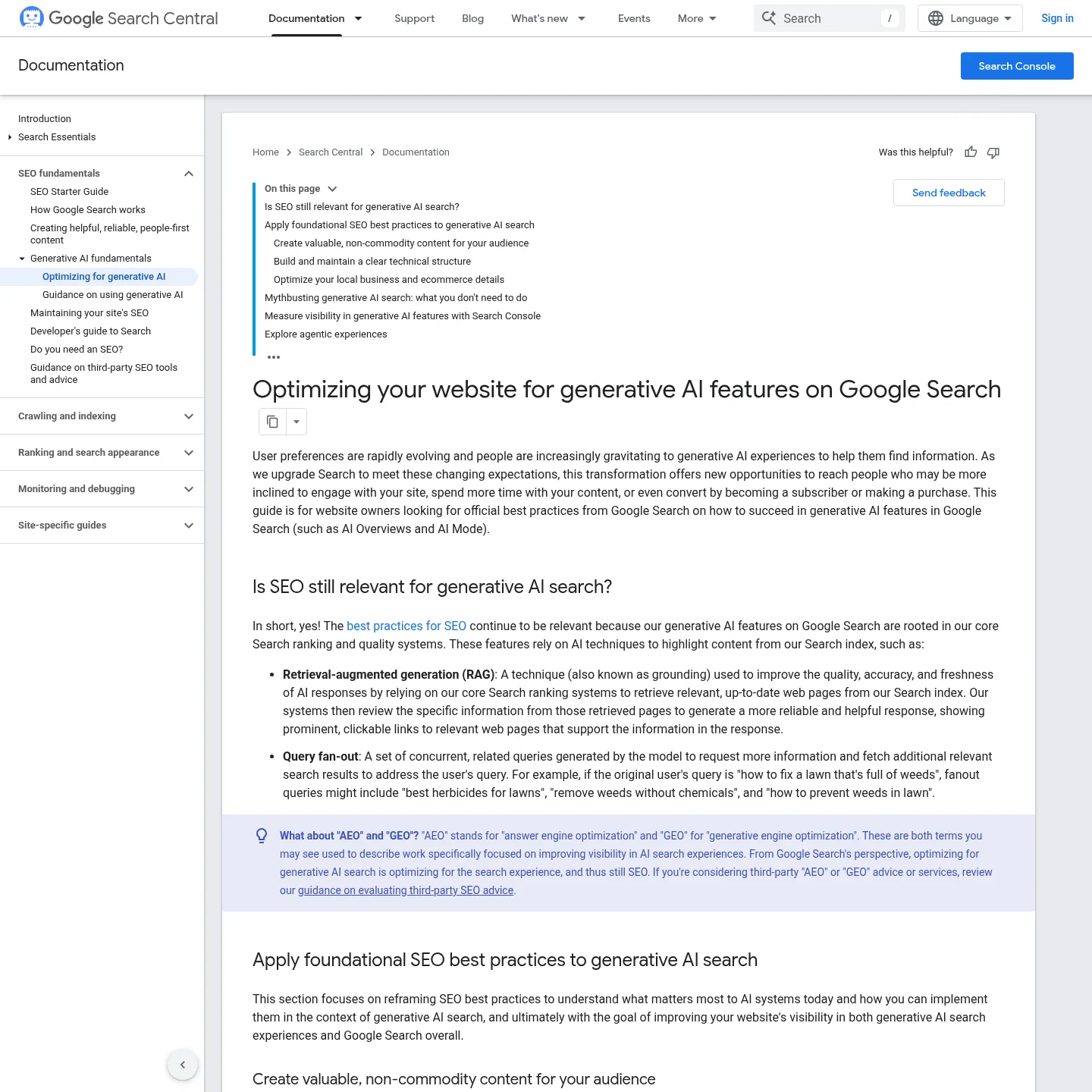 Google Search Central's official guidance for generative AI features