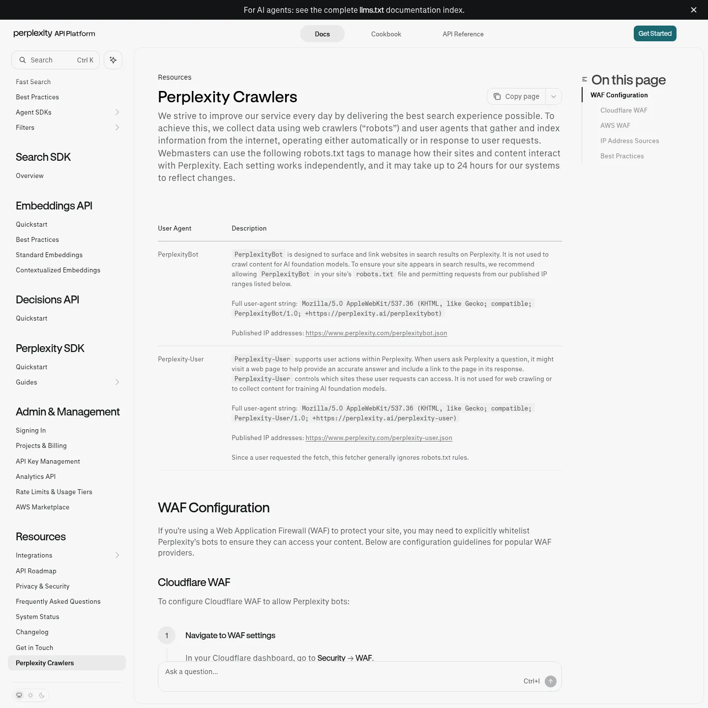 Perplexity's official crawler guide with its search bot and user fetcher