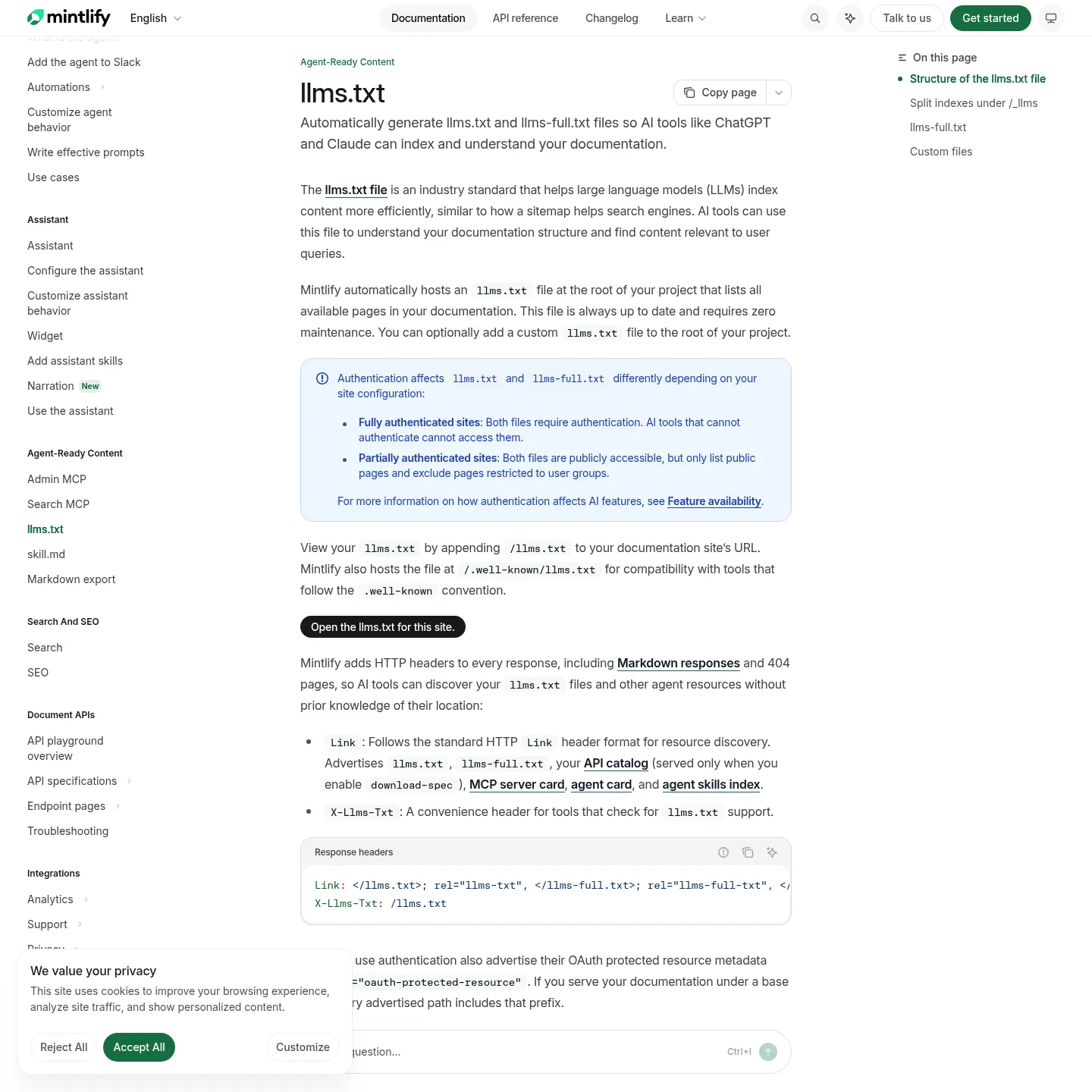 Mintlify documentation explaining automatic llms.txt and llms-full.txt generation