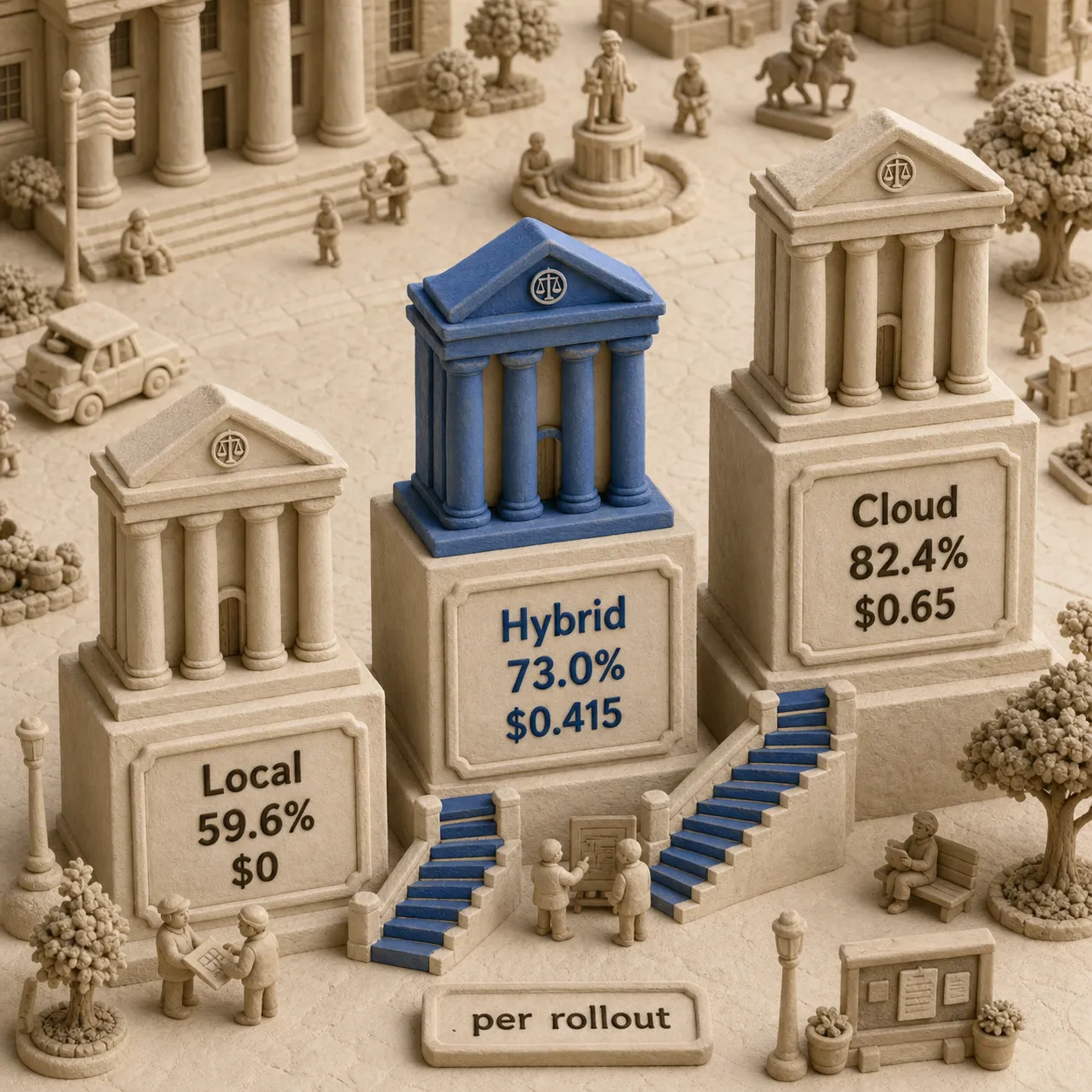 Three-column chart comparing local, hybrid, and cloud completion rates and API cost per rollout