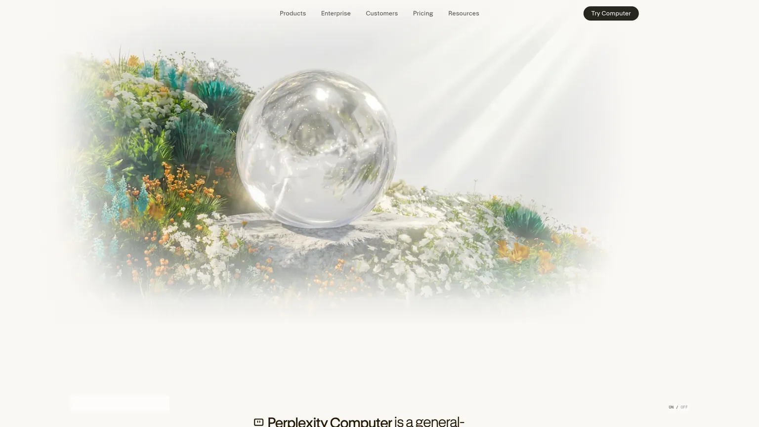 Perplexity Computer cloud agent product page showing its hosted research and task workflow
