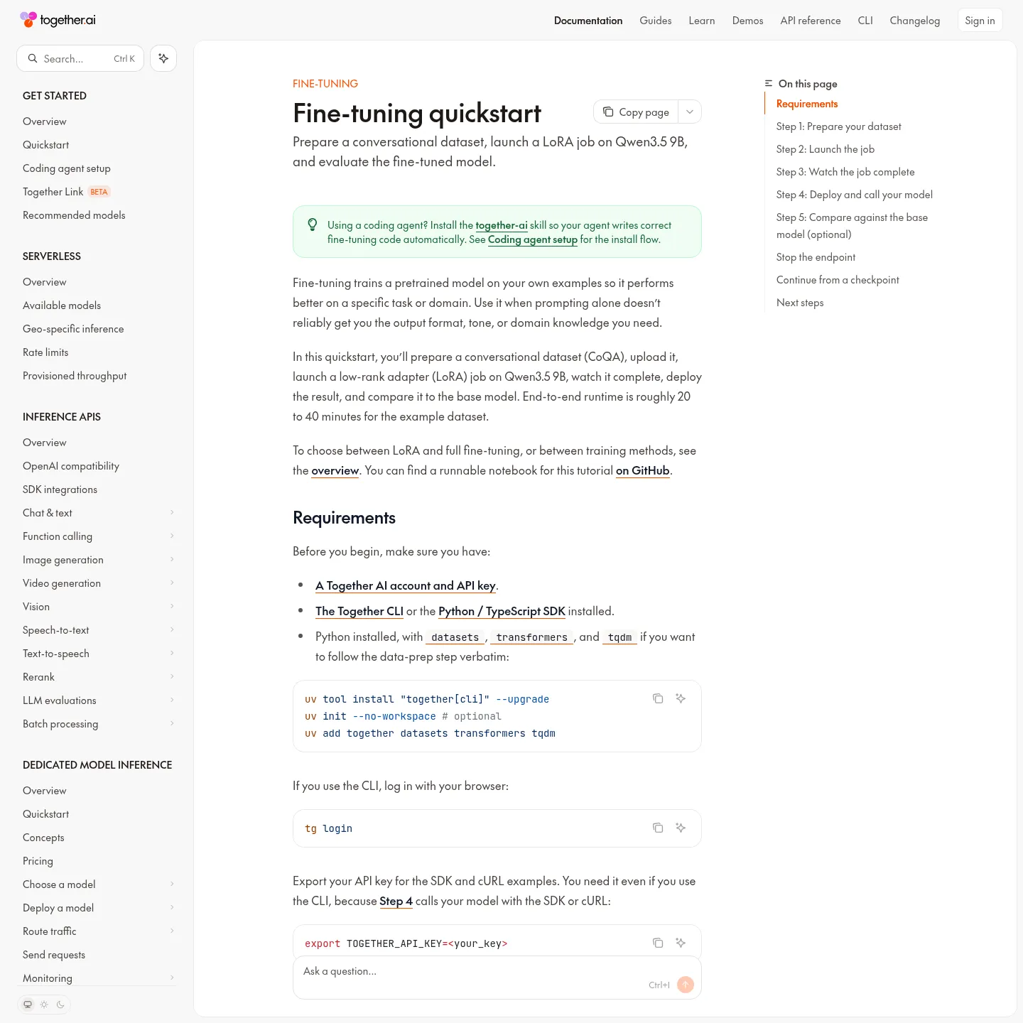 Documentation Together AI sur la création d’un entraînement LoRA hébergé