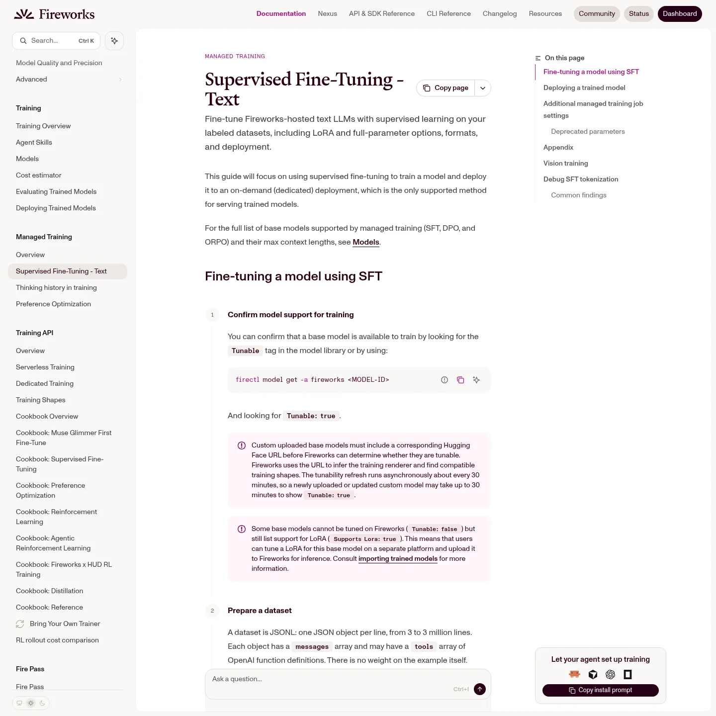 Documentation Fireworks présentant le fine-tuning supervisé et les réglages LoRA