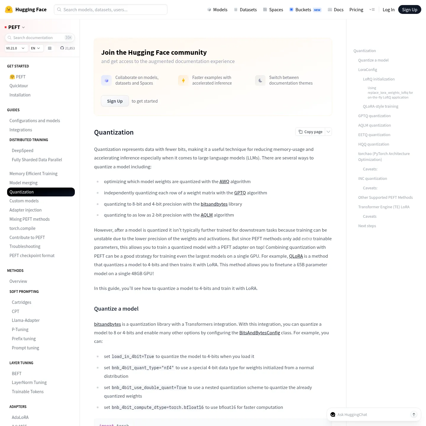 Documentation Hugging Face PEFT sur les modèles quantifiés et la configuration LoRA