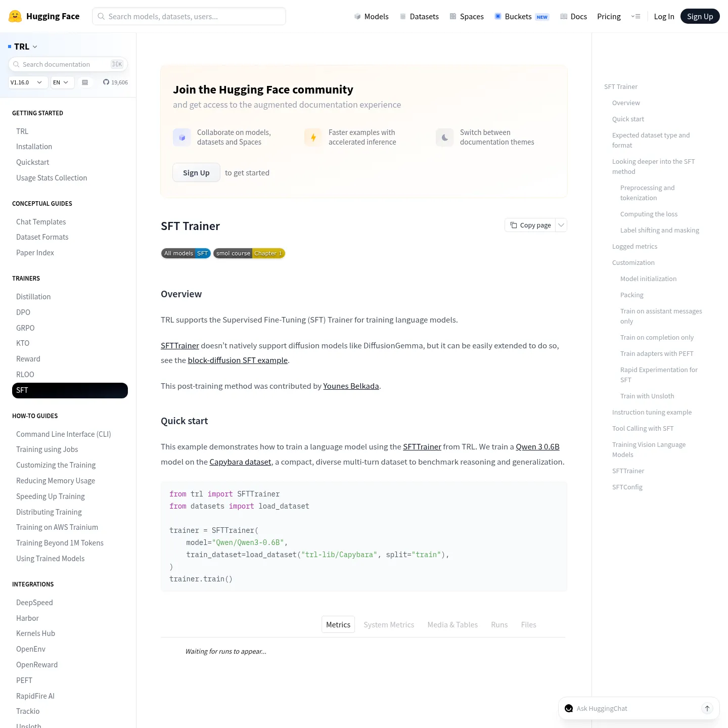 Documentation Hugging Face TRL sur SFTTrainer et la perte calculée sur les réponses de l’assistant