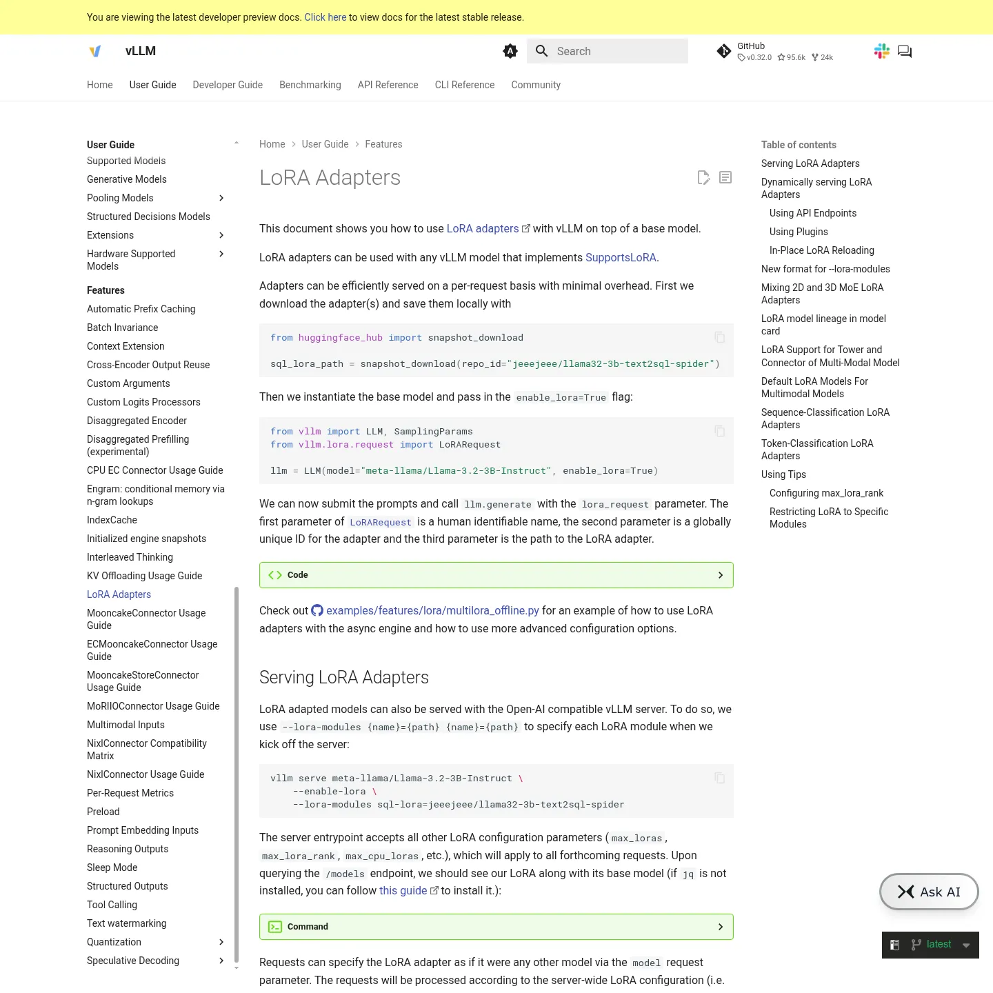 Documentation vLLM présentant les adaptateurs LoRA nommés et leur sélection pour chaque requête
