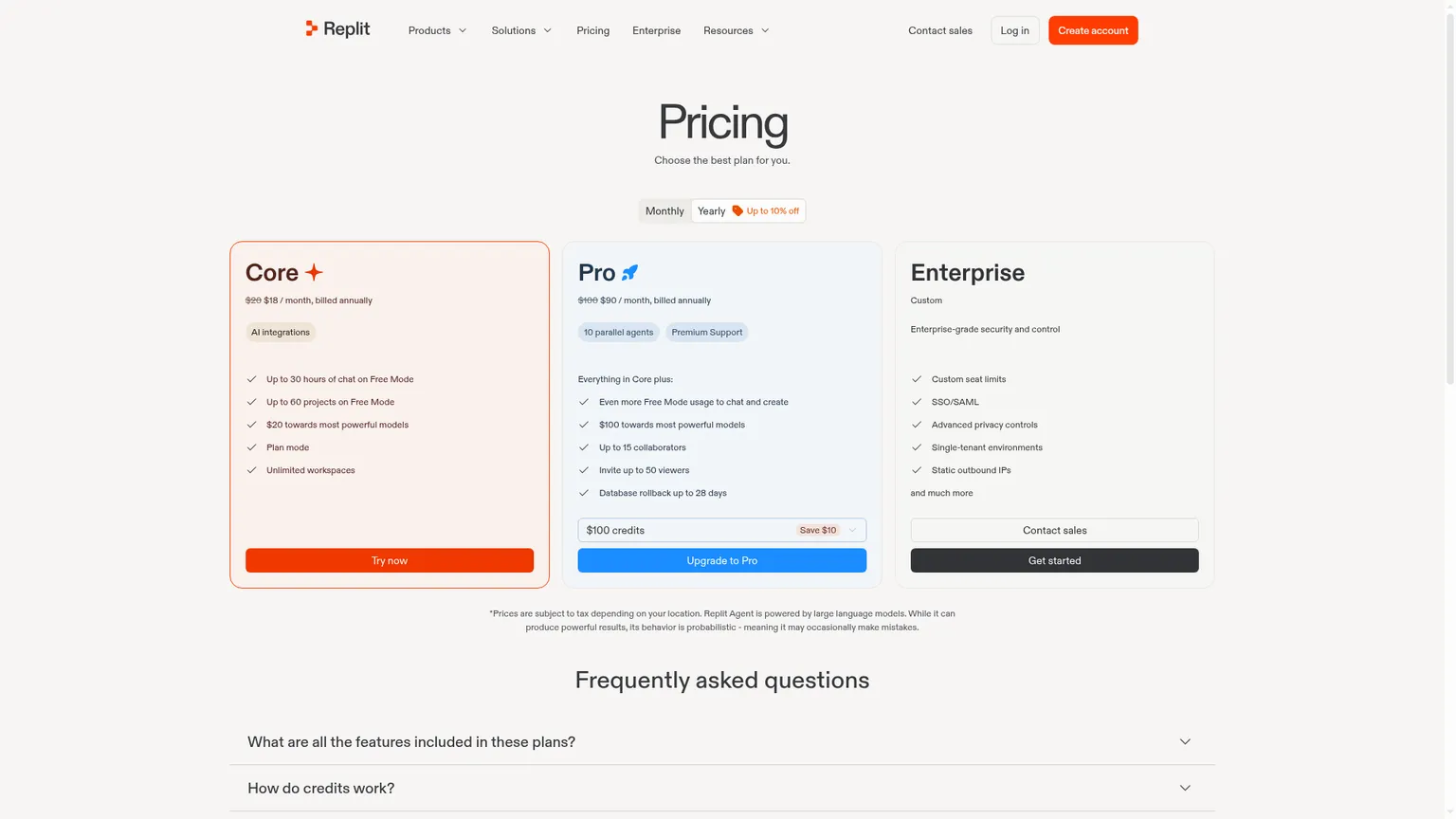 Тарифы Replit с текущими ценами Core и Pro и лимитами Free Mode