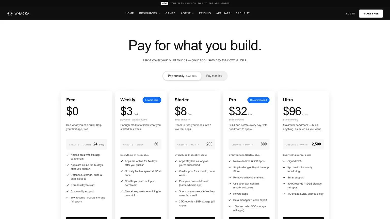 Тарифы Whacka: годовые цены Starter и Pro, лимиты записей и условия недельного хостинга