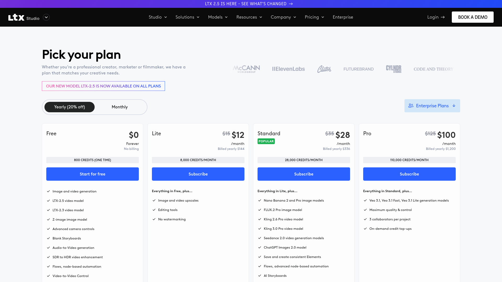 LTX Studio live pricing page showing Free, Lite, Standard, Pro, and Enterprise plans