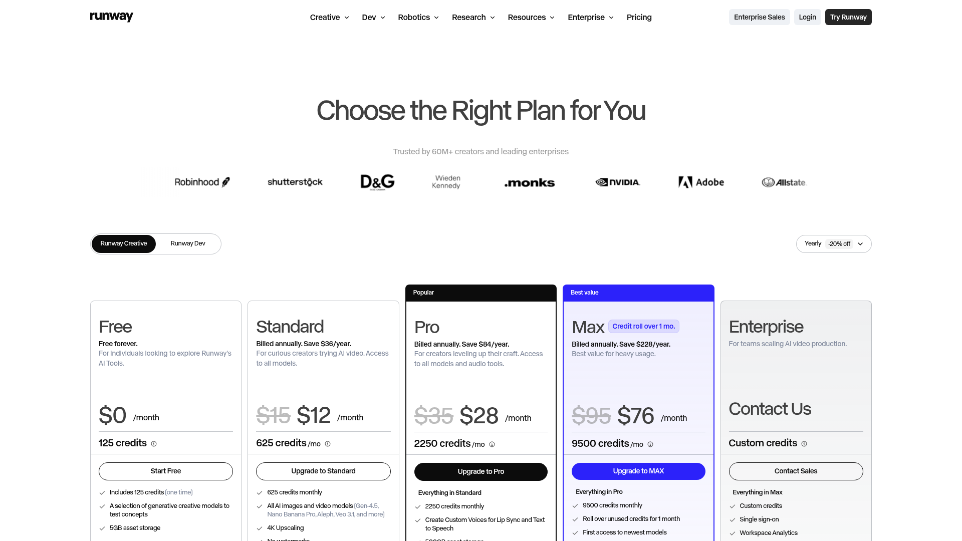Runway live pricing page with Free, Standard, Pro, and Max plans