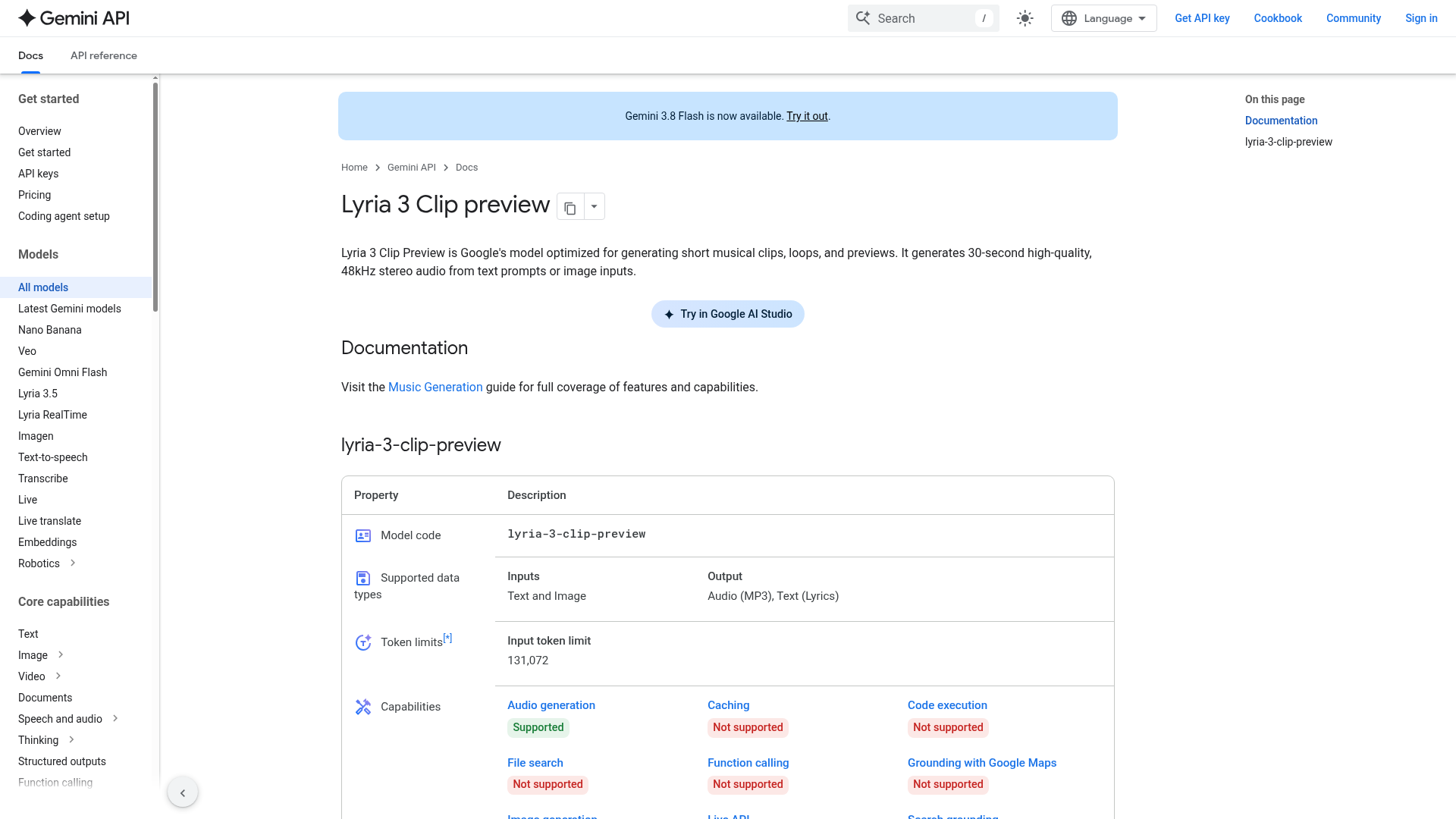 Google AI for Developers page for the Lyria 3 Clip preview model