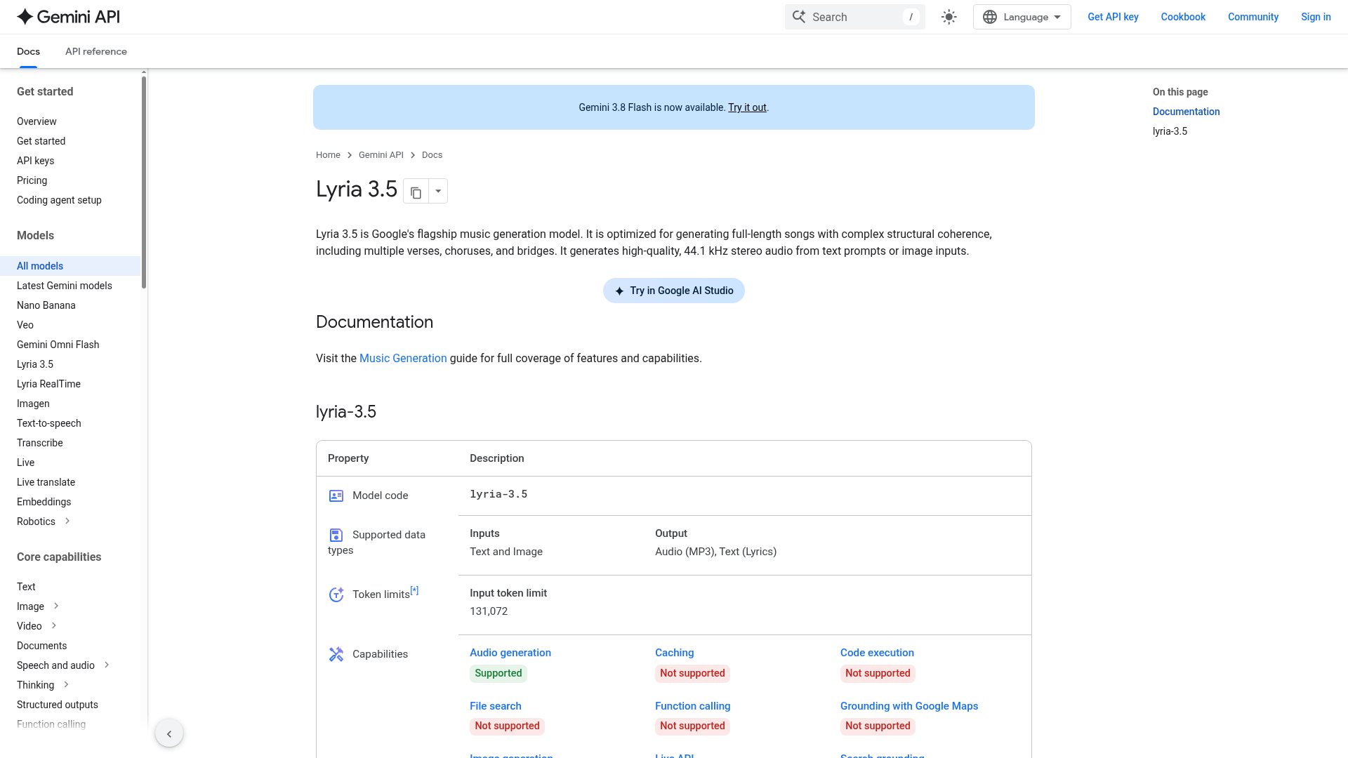 Google AI for Developers page for the Lyria 3.5 full-song model