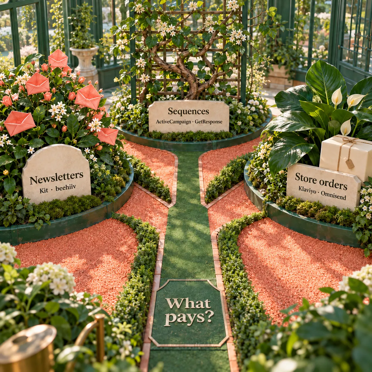 A conservatory decision garden separates newsletter, sequence and store-order platform shortlists