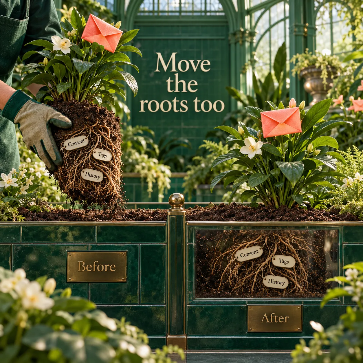An envelope-flower transplant preserves roots labeled Consent, Tags and History before and after the move