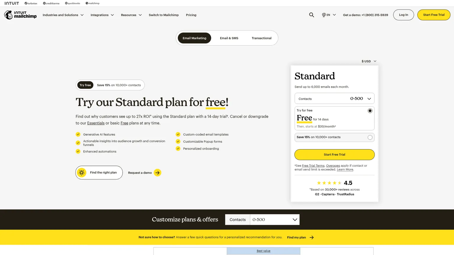 Mailchimp official marketing pricing with USD audience selector