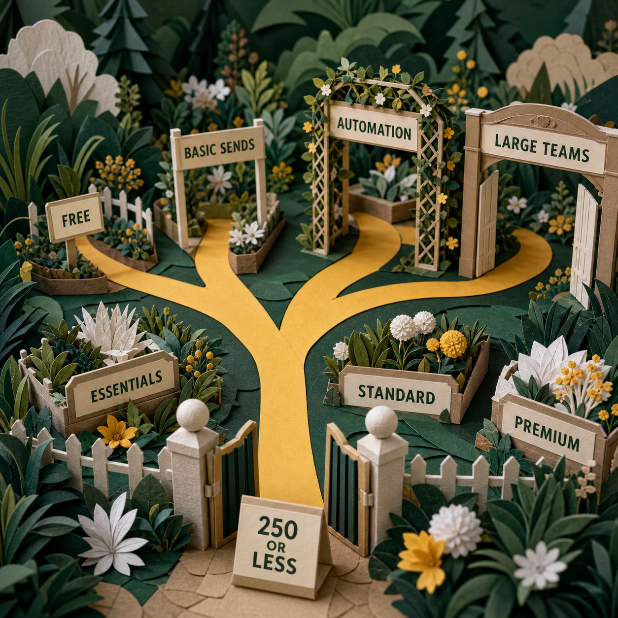 Decision flow from Mailchimp Free through Premium based on list size and operating needs
