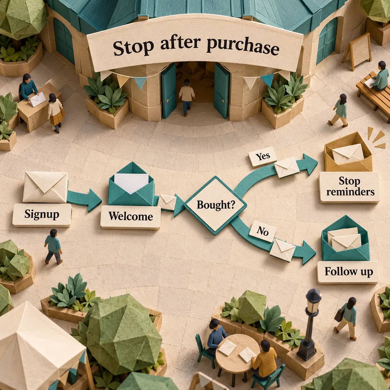 Illustrative signup and welcome flow that checks whether a customer bought, stopping reminders for buyers and following up with non-buyers