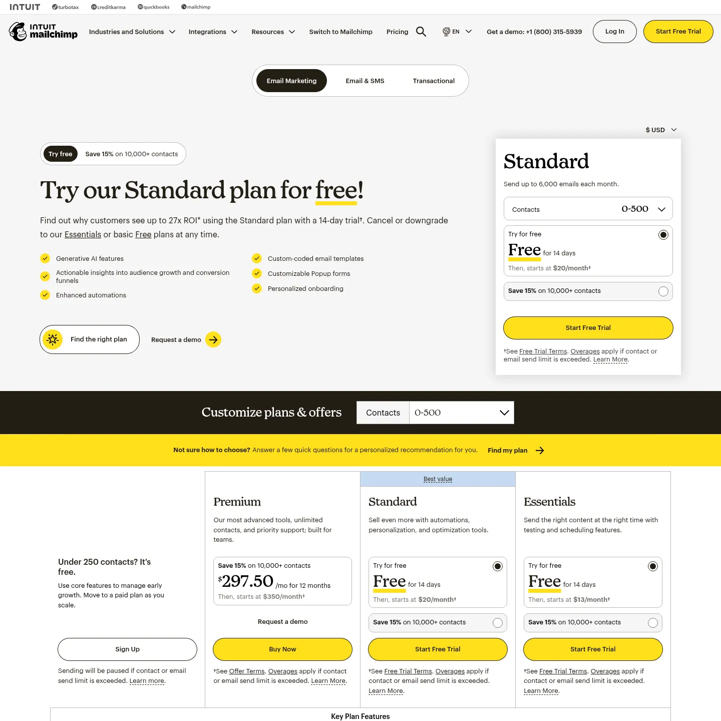 Mailchimp pricing page showing its marketing plans, contact selector and plan limits