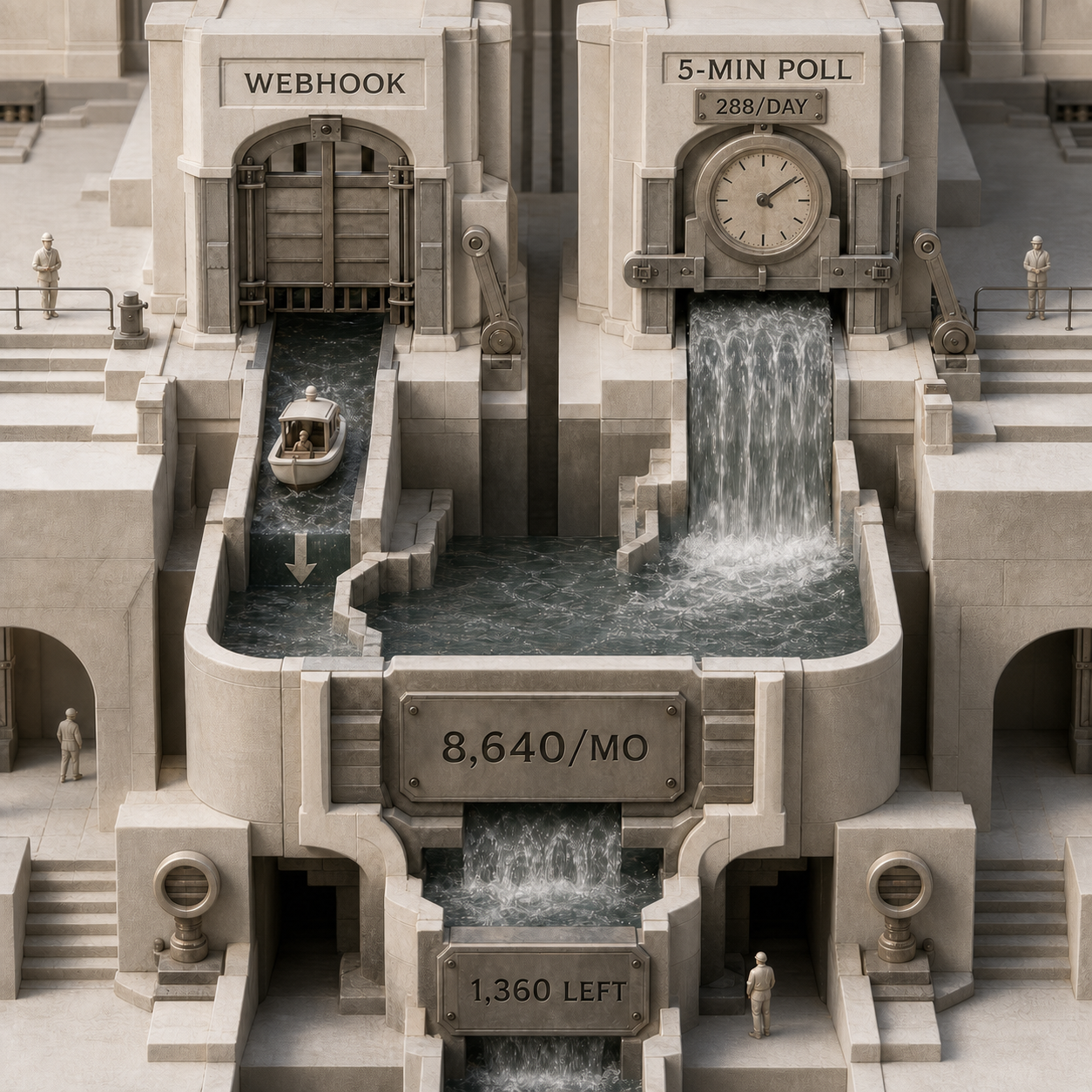 Architectural credit locks comparing webhook usage with 8,640 monthly five-minute polling checks