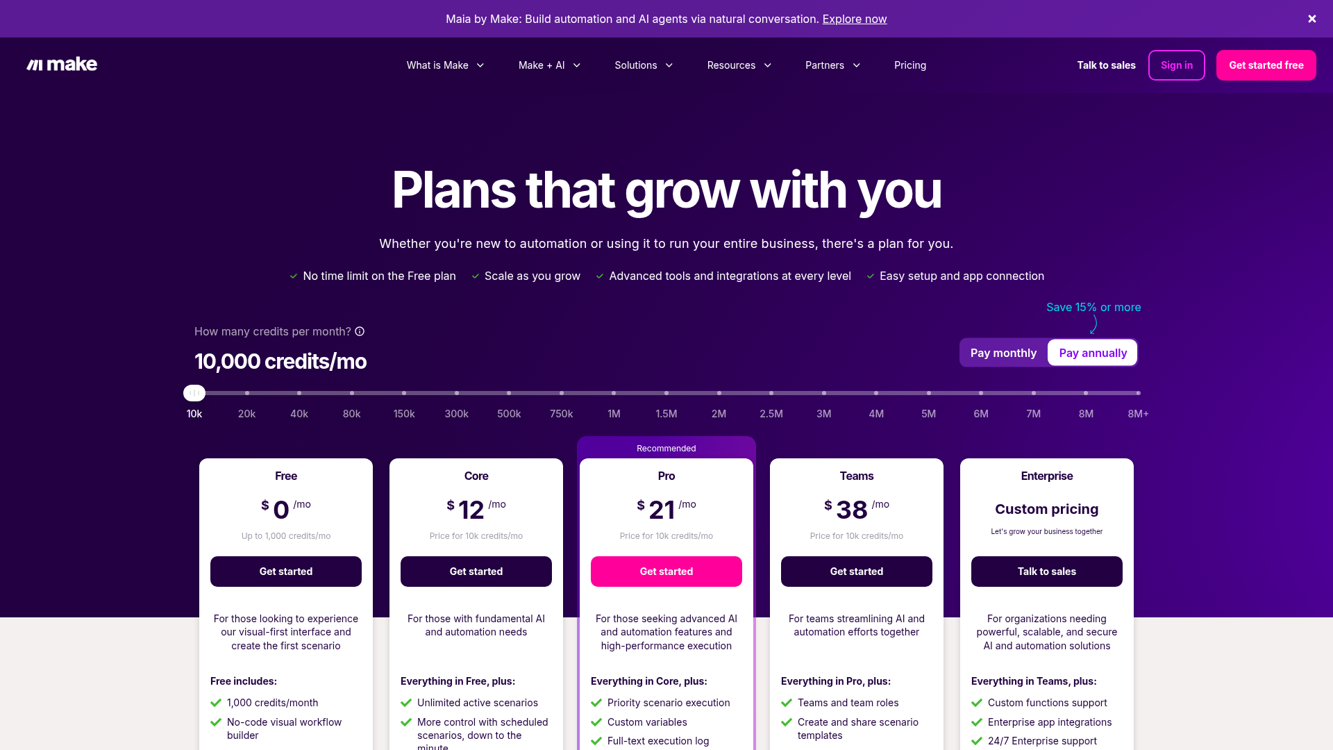 Make pricing page showing Free, Core, Pro, Teams, and Enterprise plans