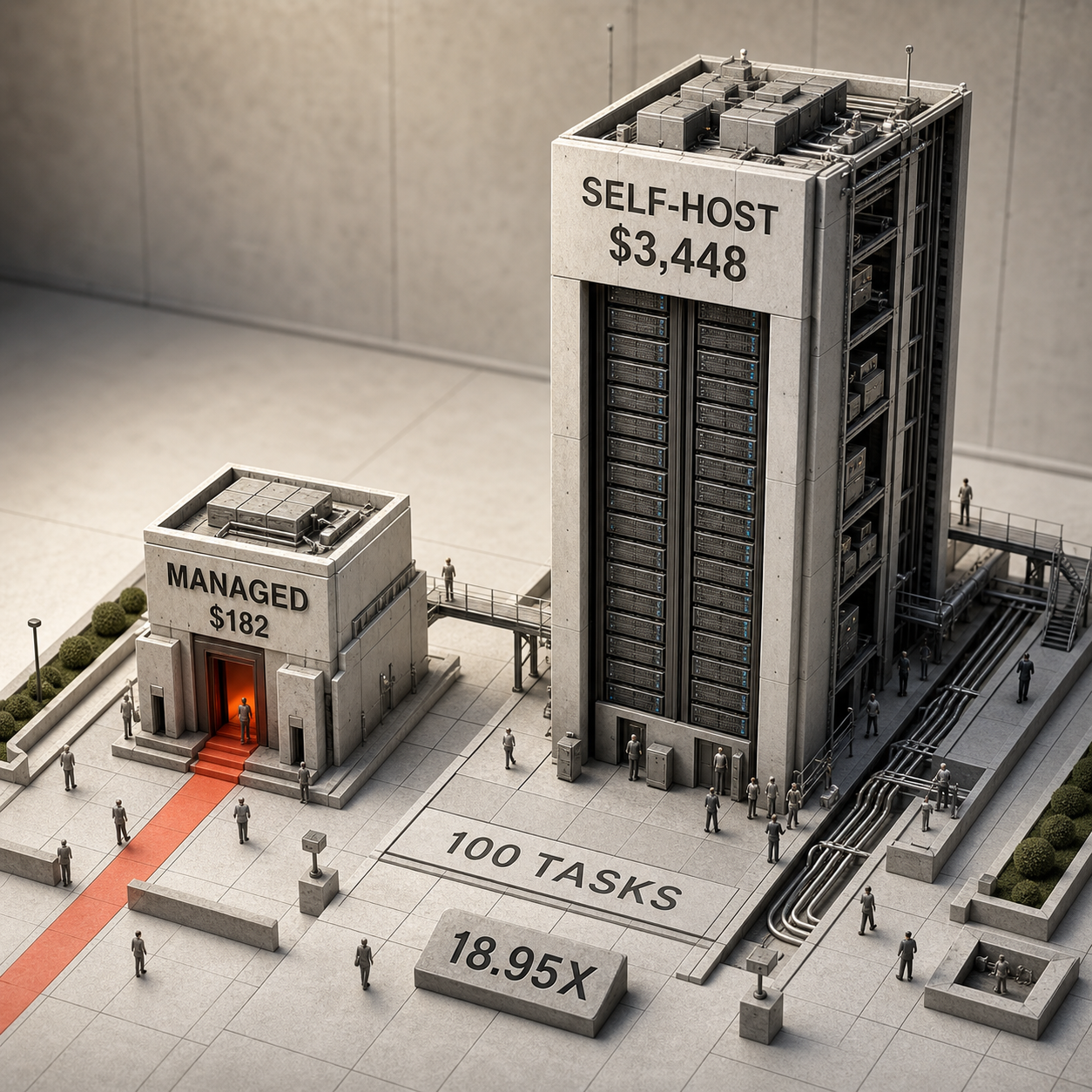 Architectural cost comparison showing $182 managed and $3,448 self-hosted for 100 modeled tasks