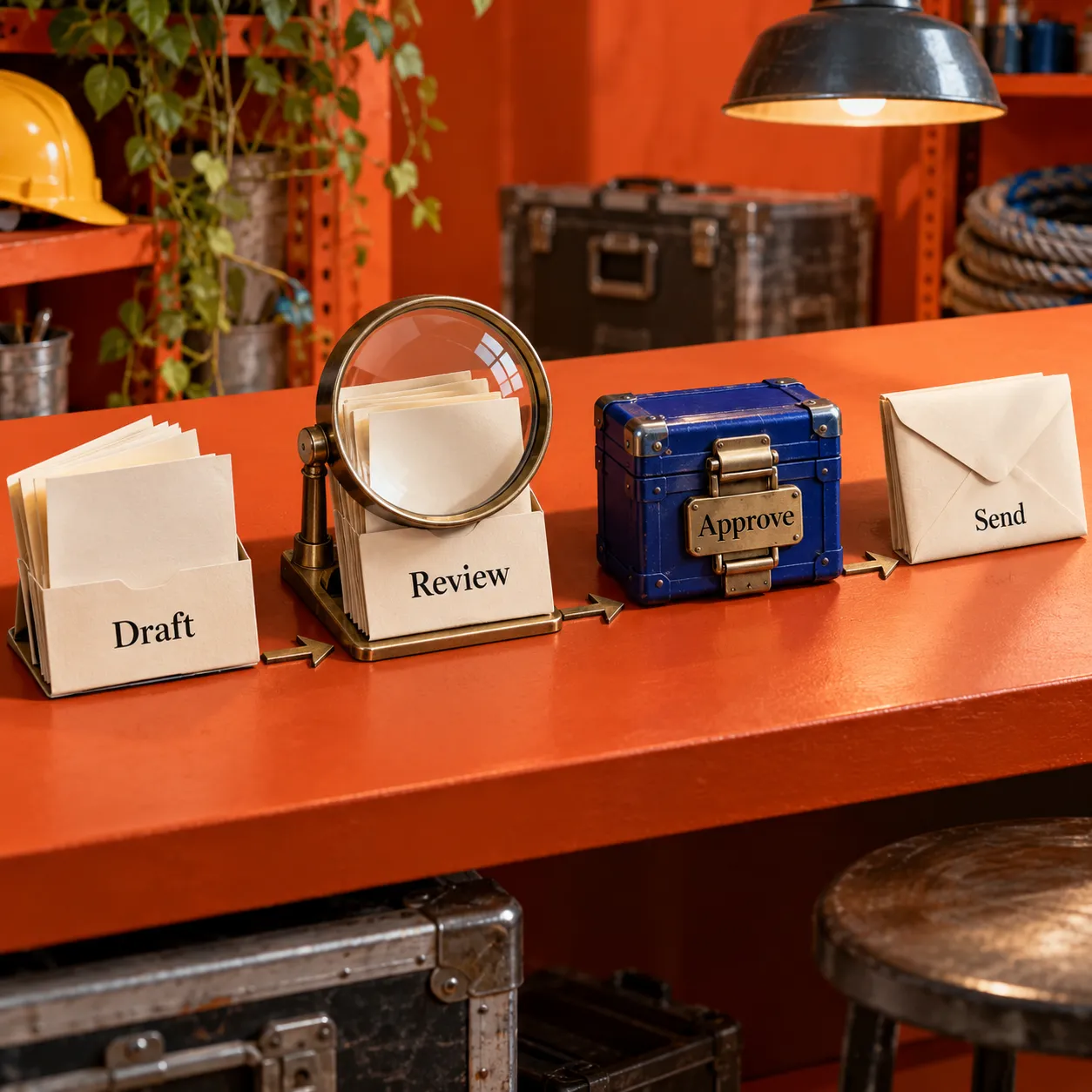 A physical workflow moves a draft through review and a closed approval boundary before sending