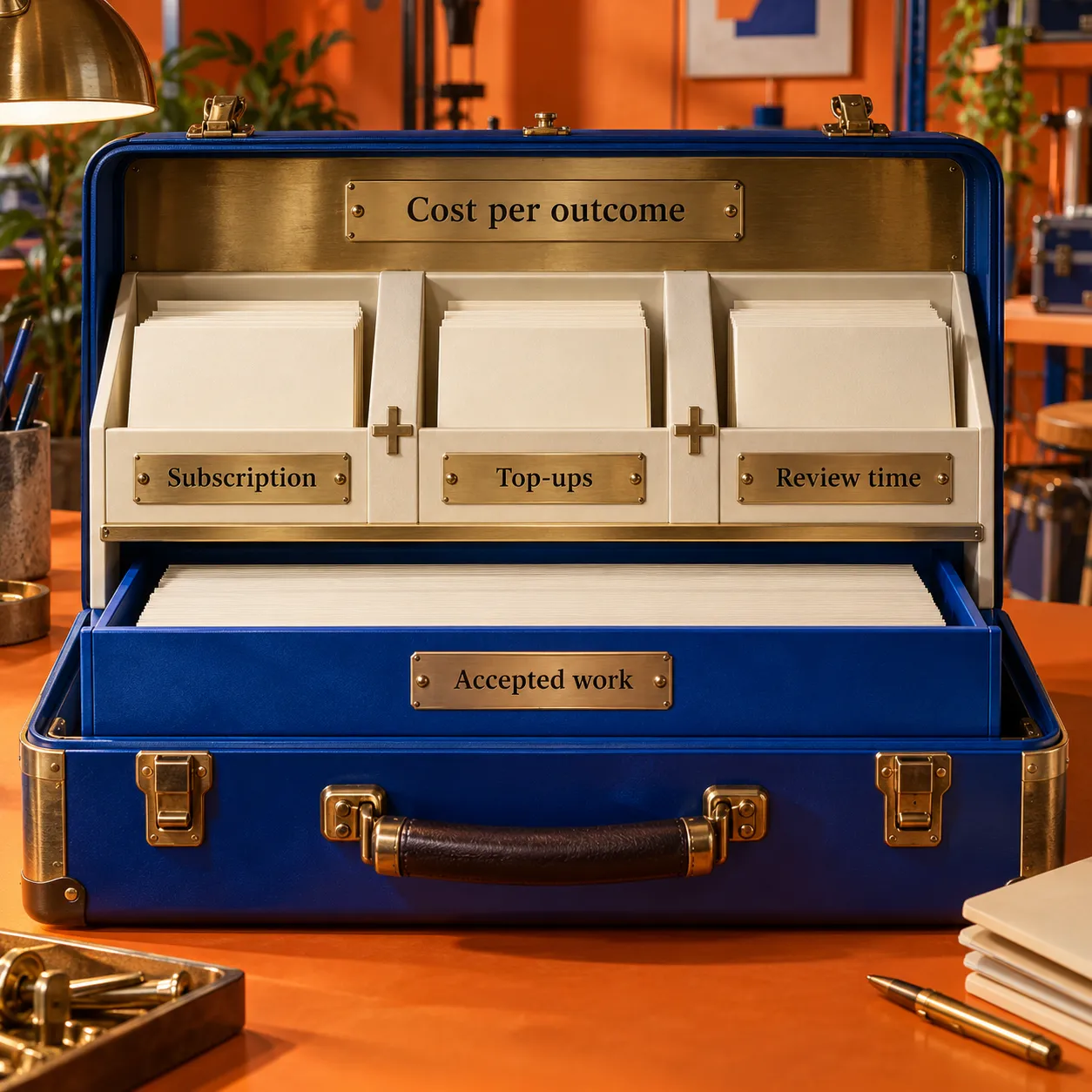 A physical fraction places subscription, top-ups and review time above accepted work