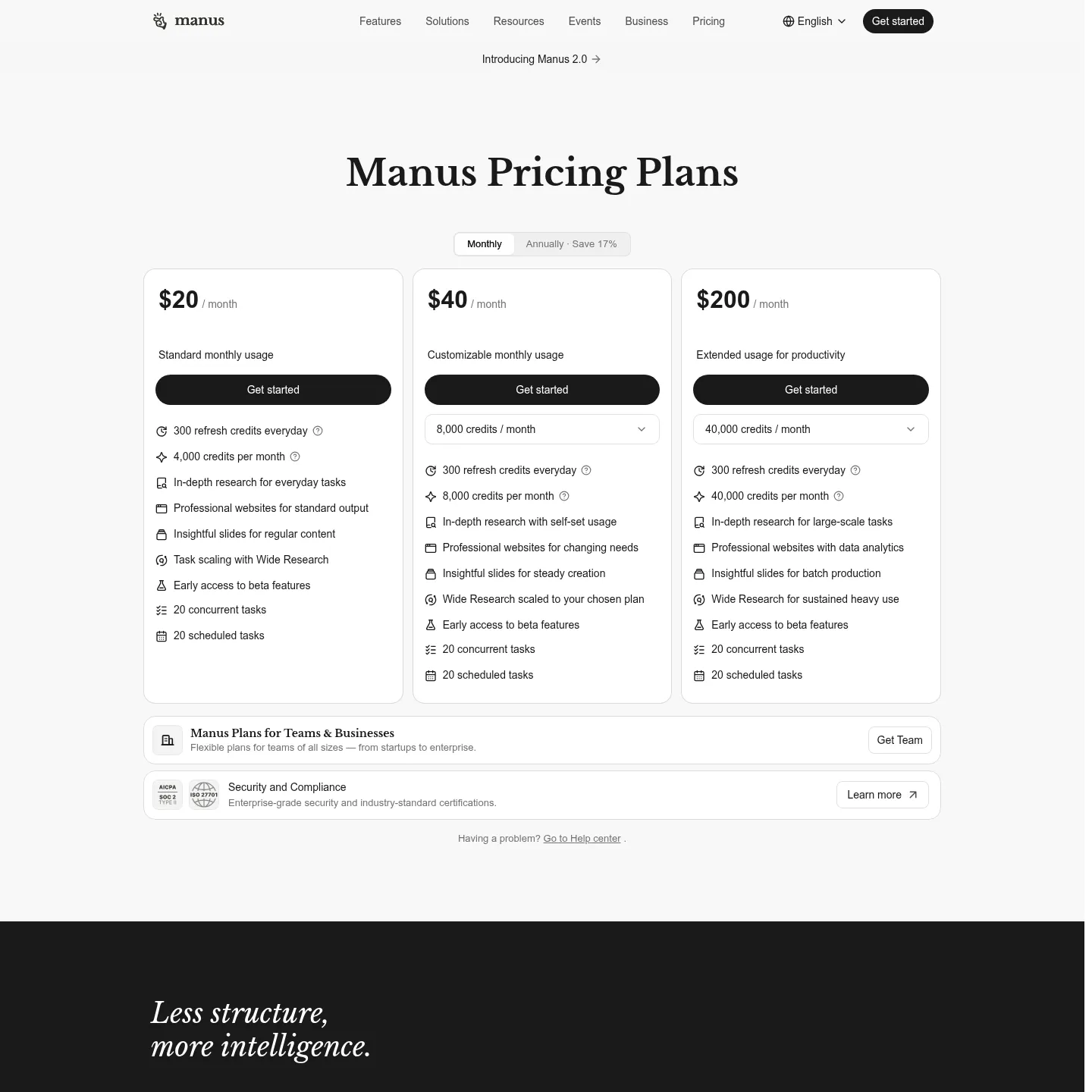 Manus public pricing page with monthly credit allowances and scheduled task features