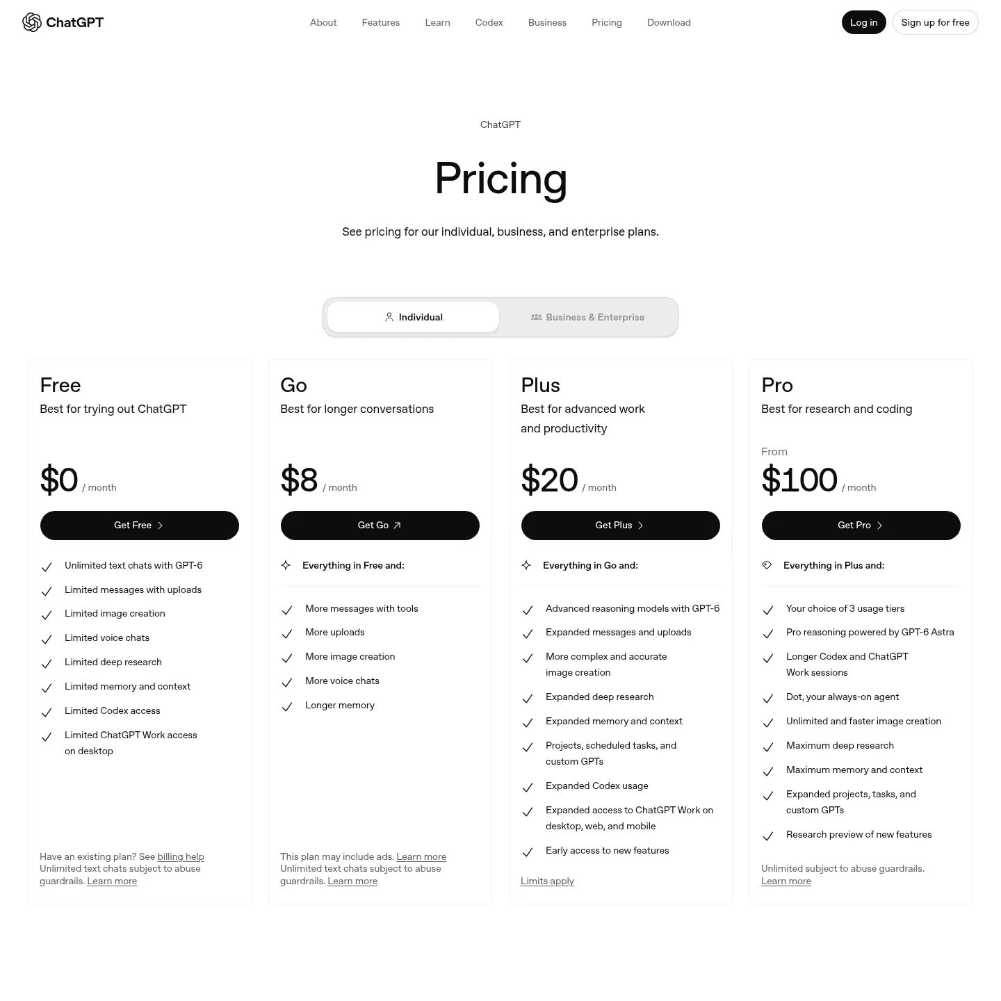 ChatGPT pricing page showing plans and access to ChatGPT Work