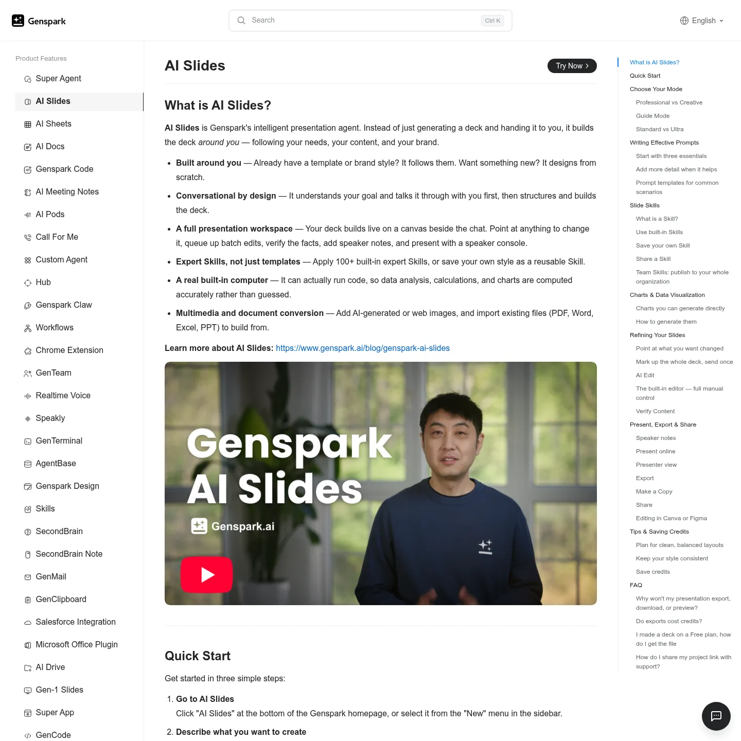 Genspark AI Slides documentation showing presentation creation and editing features