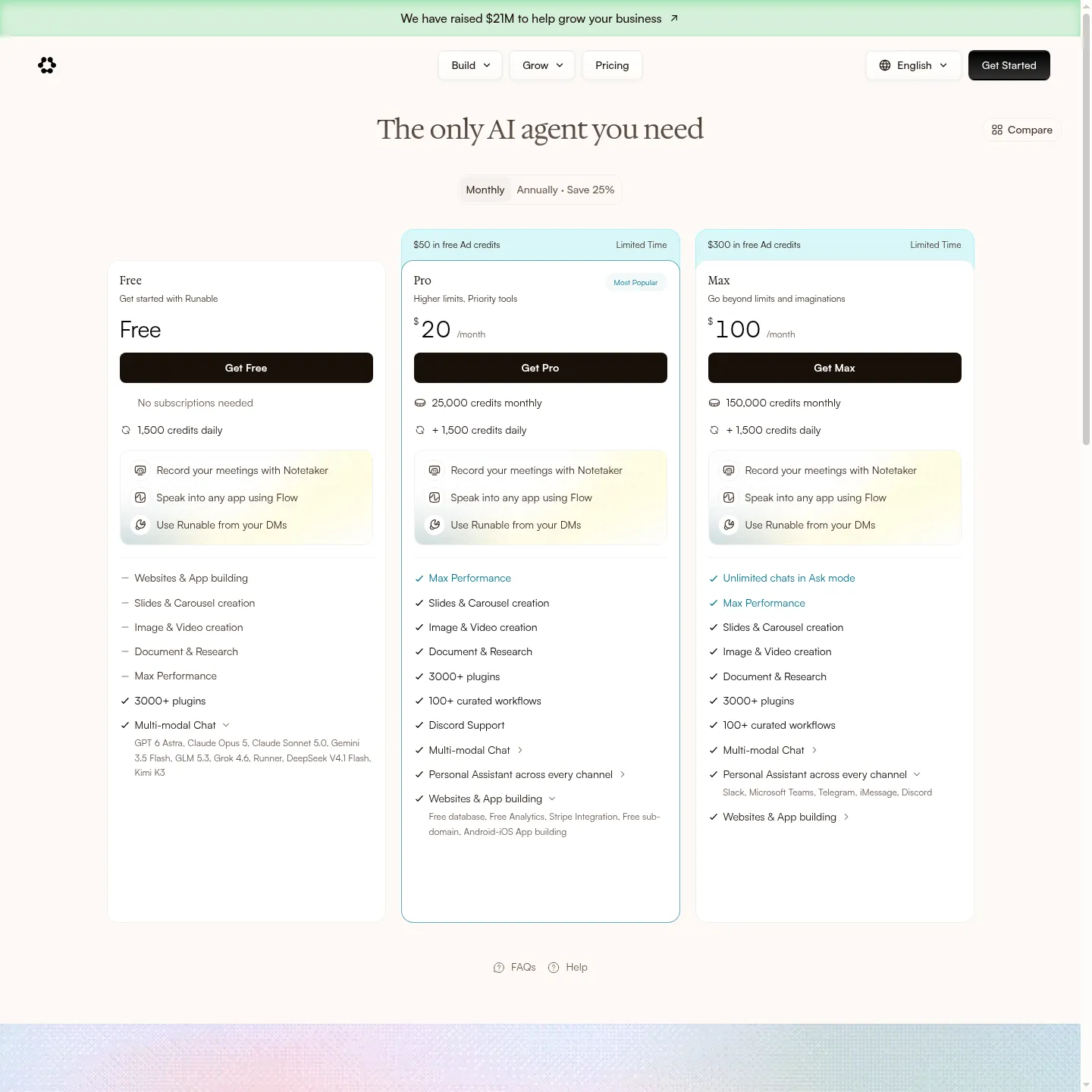 Runable pricing page showing Free, Pro and Max plans and monthly credit allowances