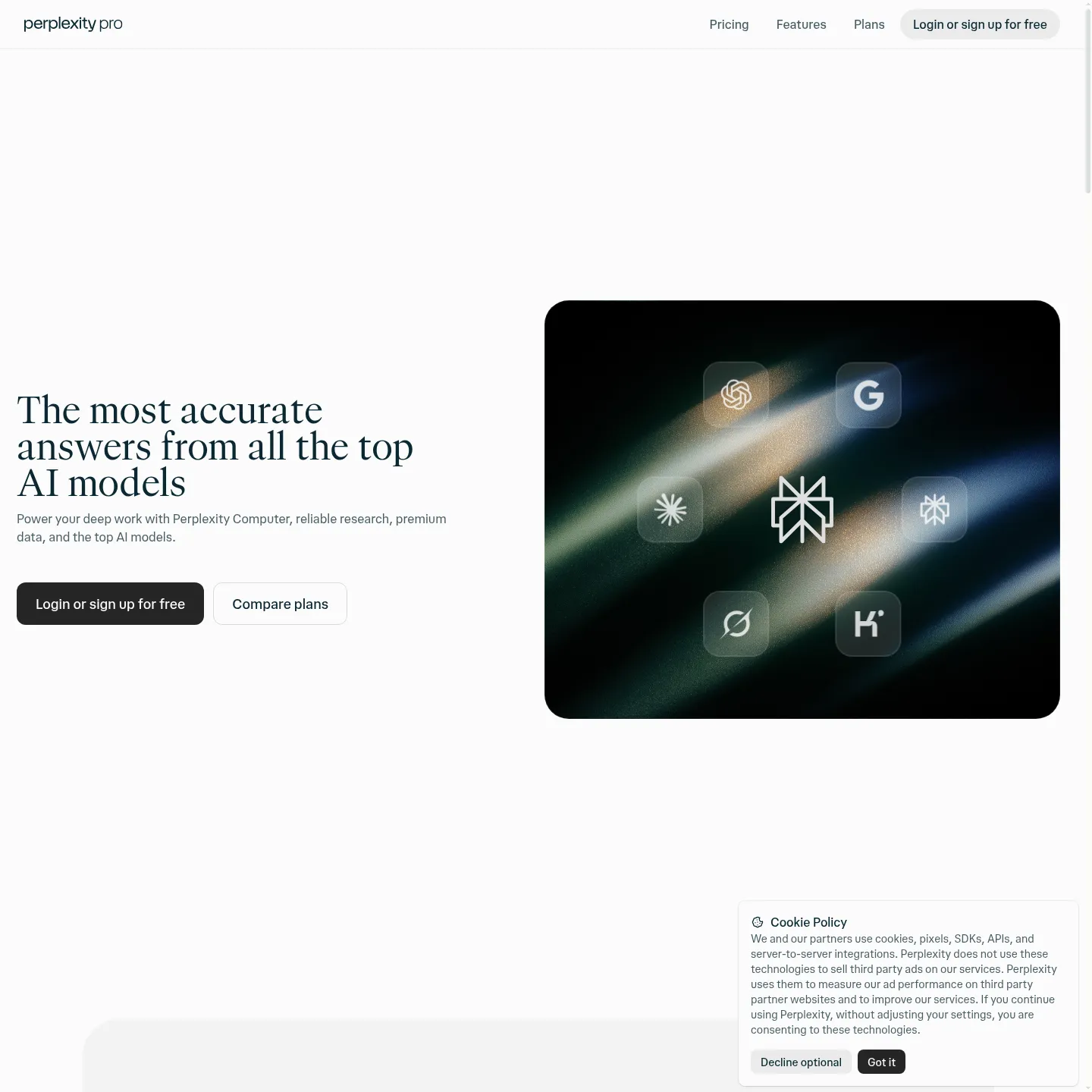 Perplexity Pro page showing research features and Computer access