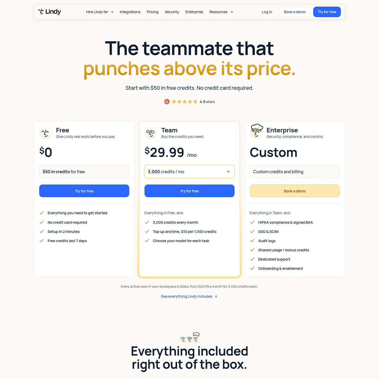 Lindy pricing page showing Team credit tiers and shared usage