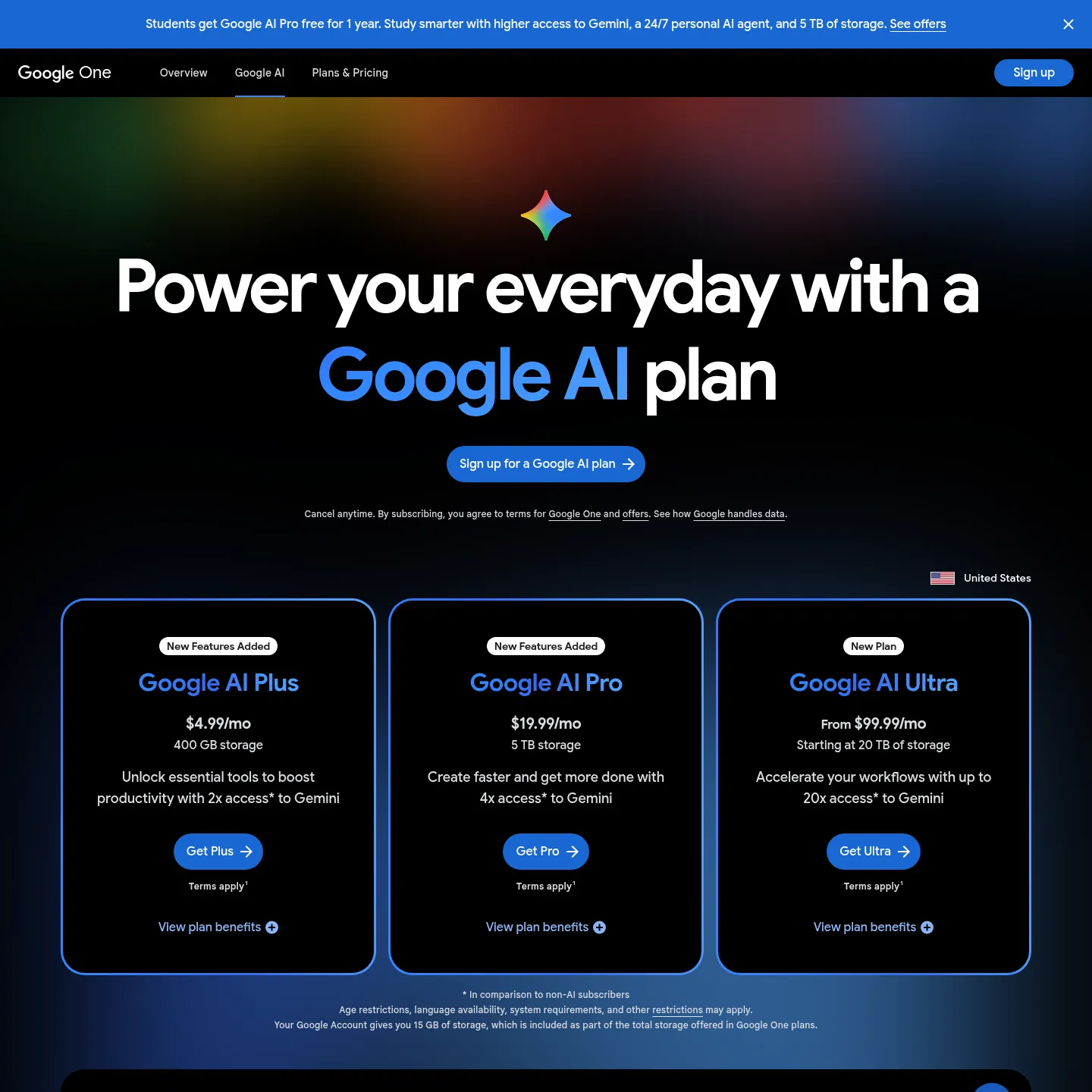 Google AI subscription page showing Plus, Pro and Ultra plans