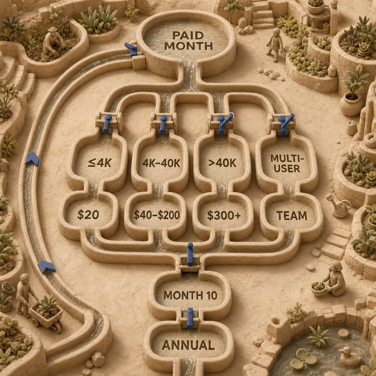 Decision flow from a measured paid month to the matching Manus credit tier, Team, or annual billing