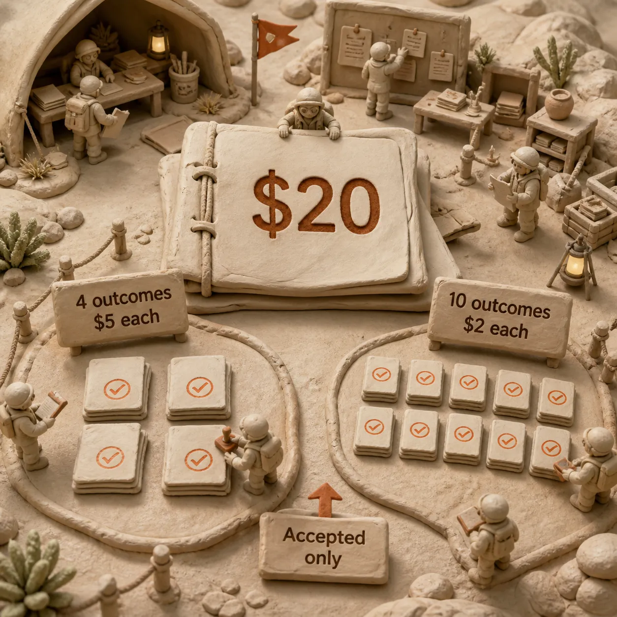 Clay-Kostenzähler, der einen Manus-Tarif für $20 auf vier Ergebnisse zu $5 oder zehn Ergebnisse zu $2 verteilt