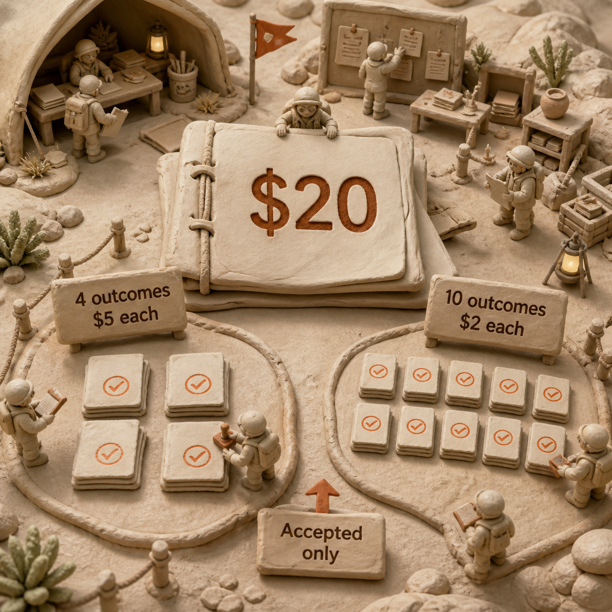 Clay cost counter showing a $20 Manus plan split into four $5 outcomes or ten $2 outcomes