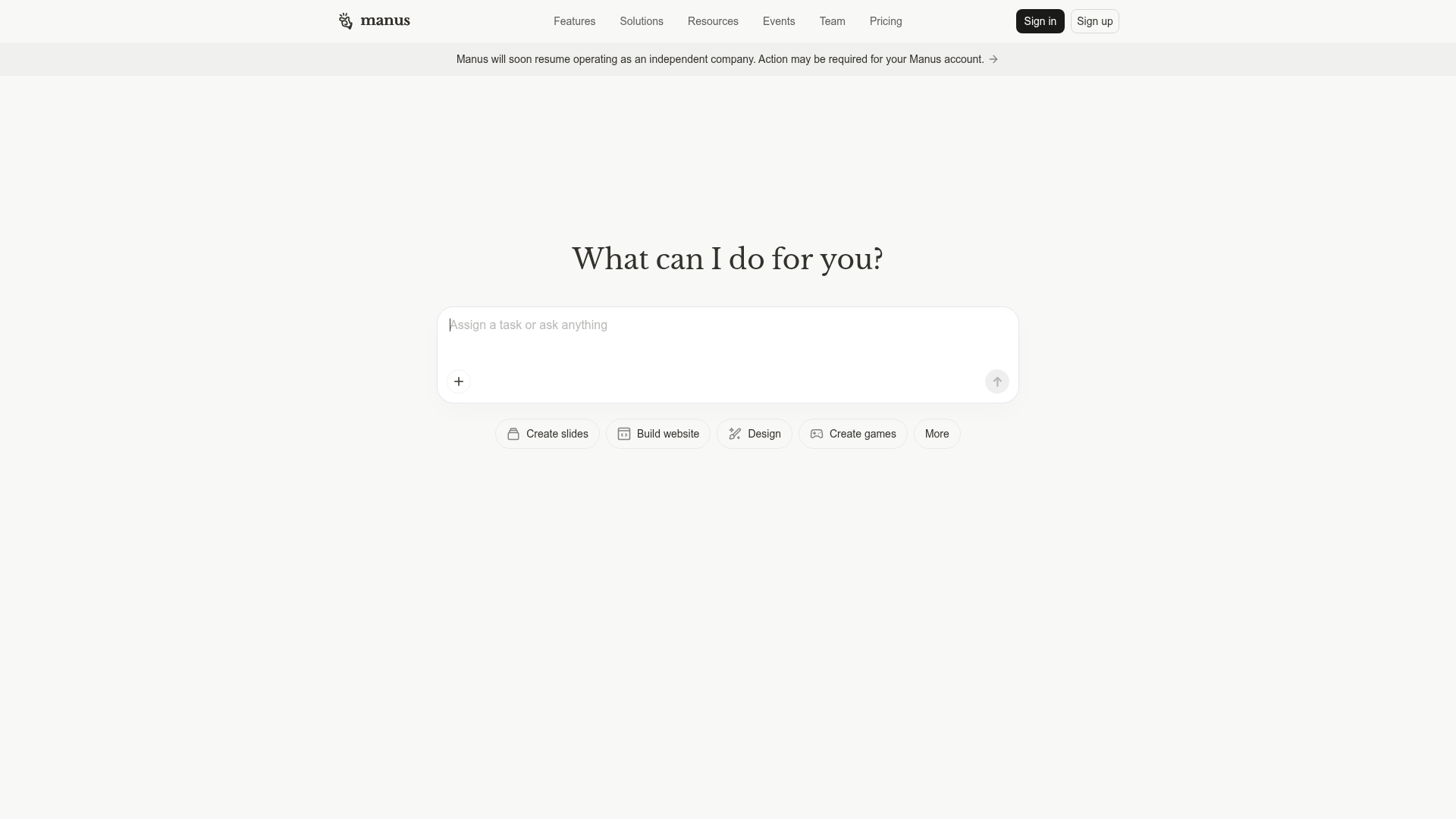 Manus homepage with its task prompt and creation options