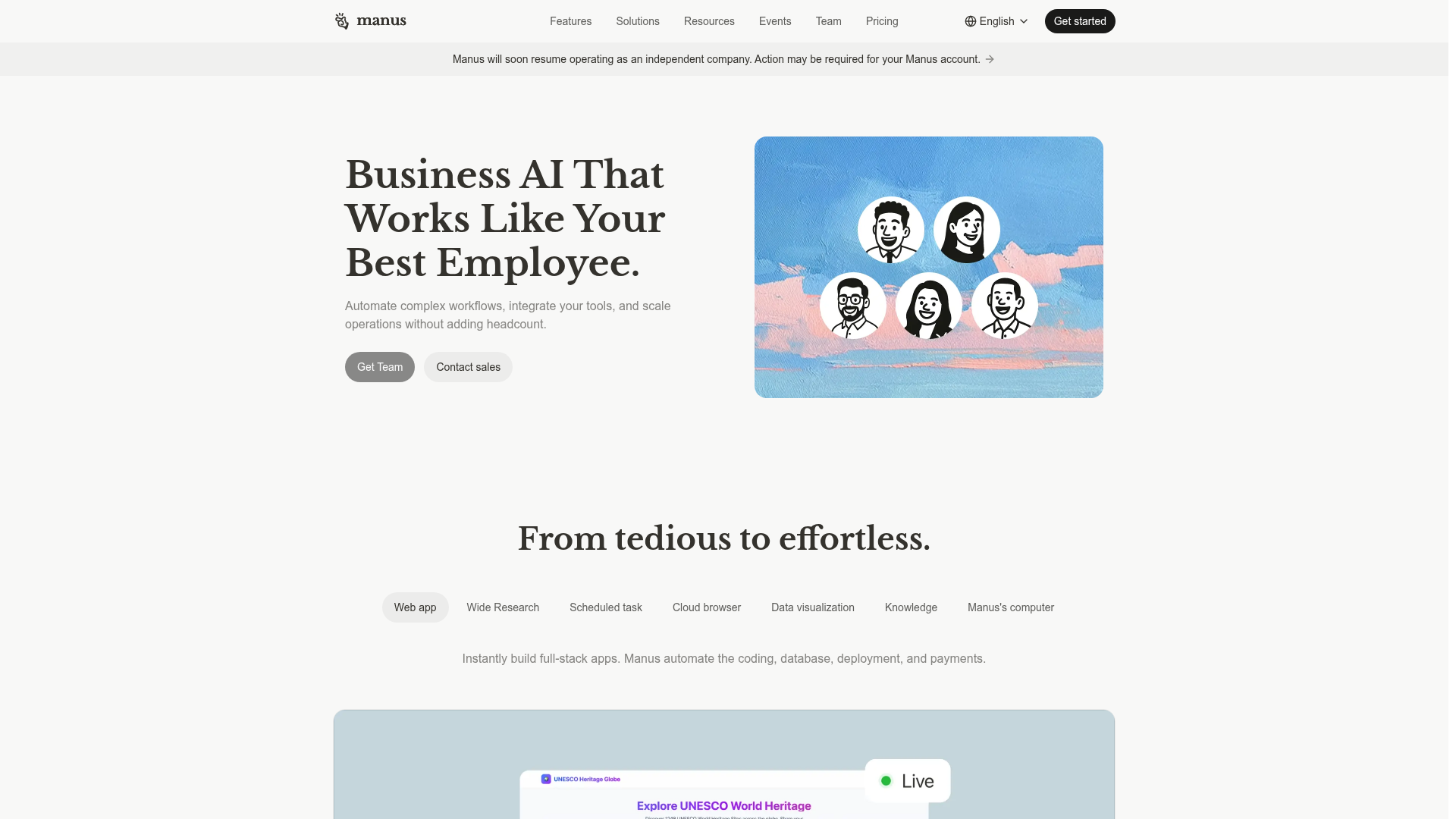 Manus Team page showing shared work and integrations