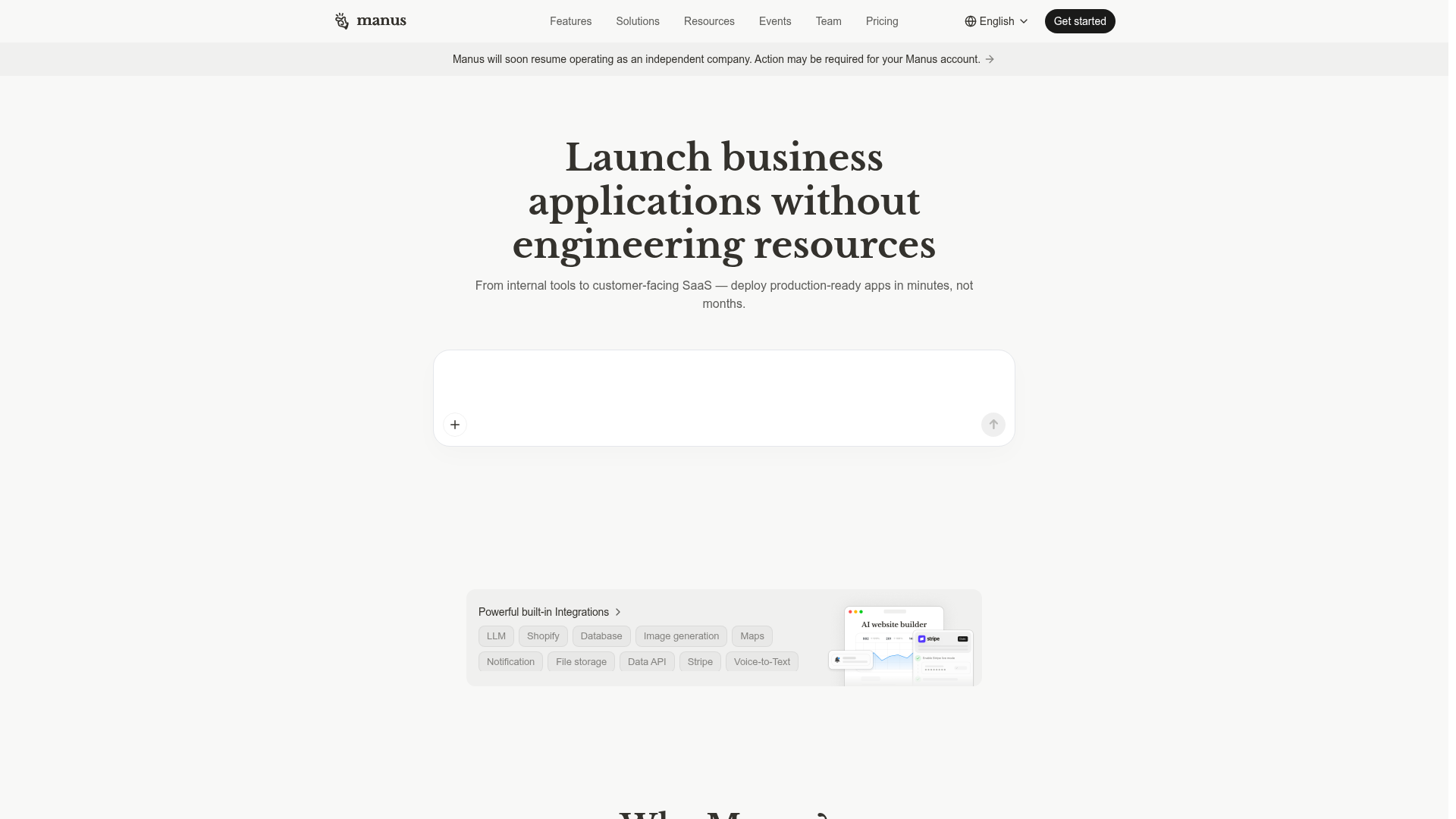 Manus Webapp feature page showing conversational full-stack app creation